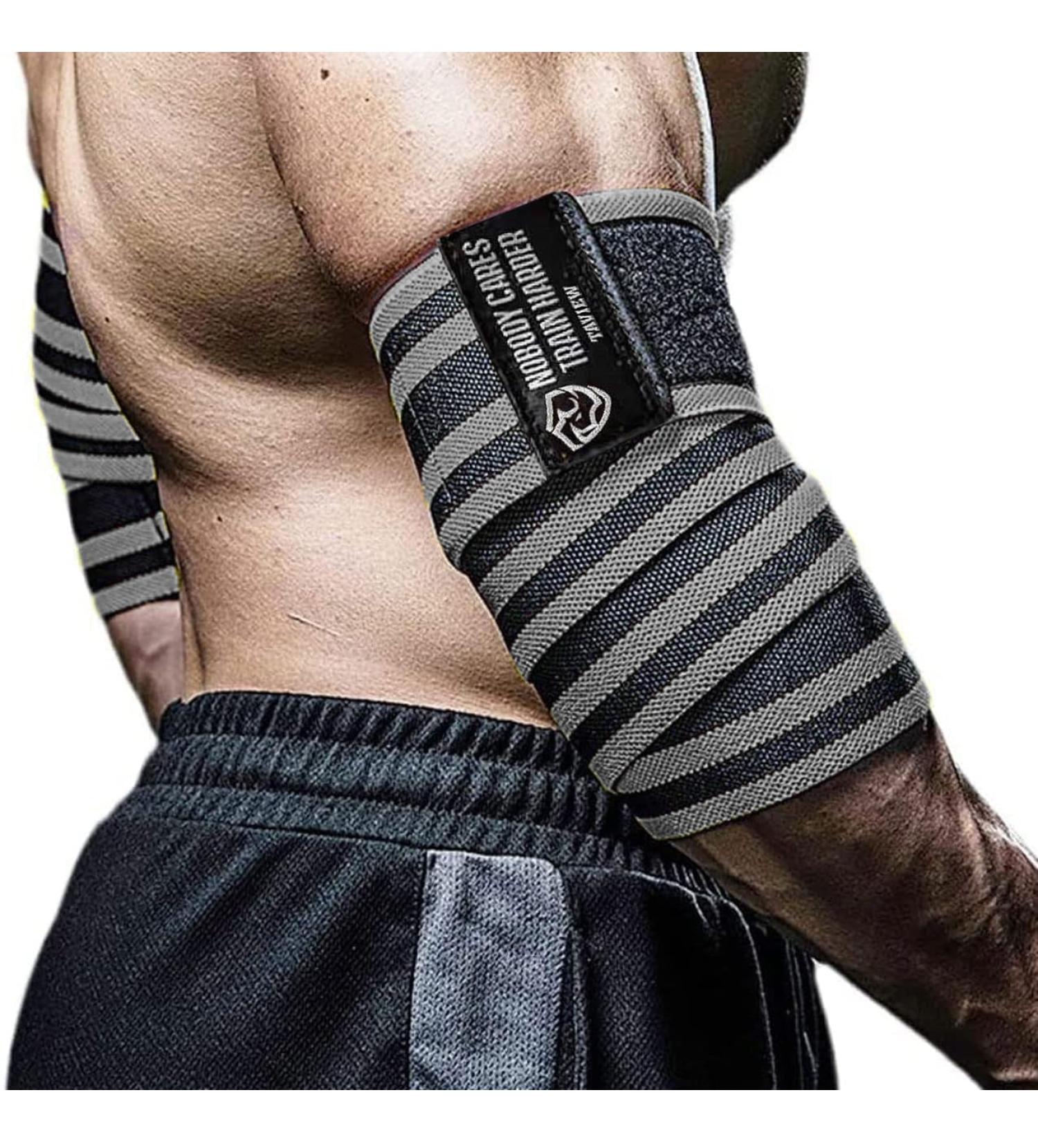 TAVIEW Elbow Bandages for Weightlifting - 120cm Elastic Compression Straps for Powerlifting Fitness & Gym Workouts - Gray & Black - Buy Online on GoSupps.com
