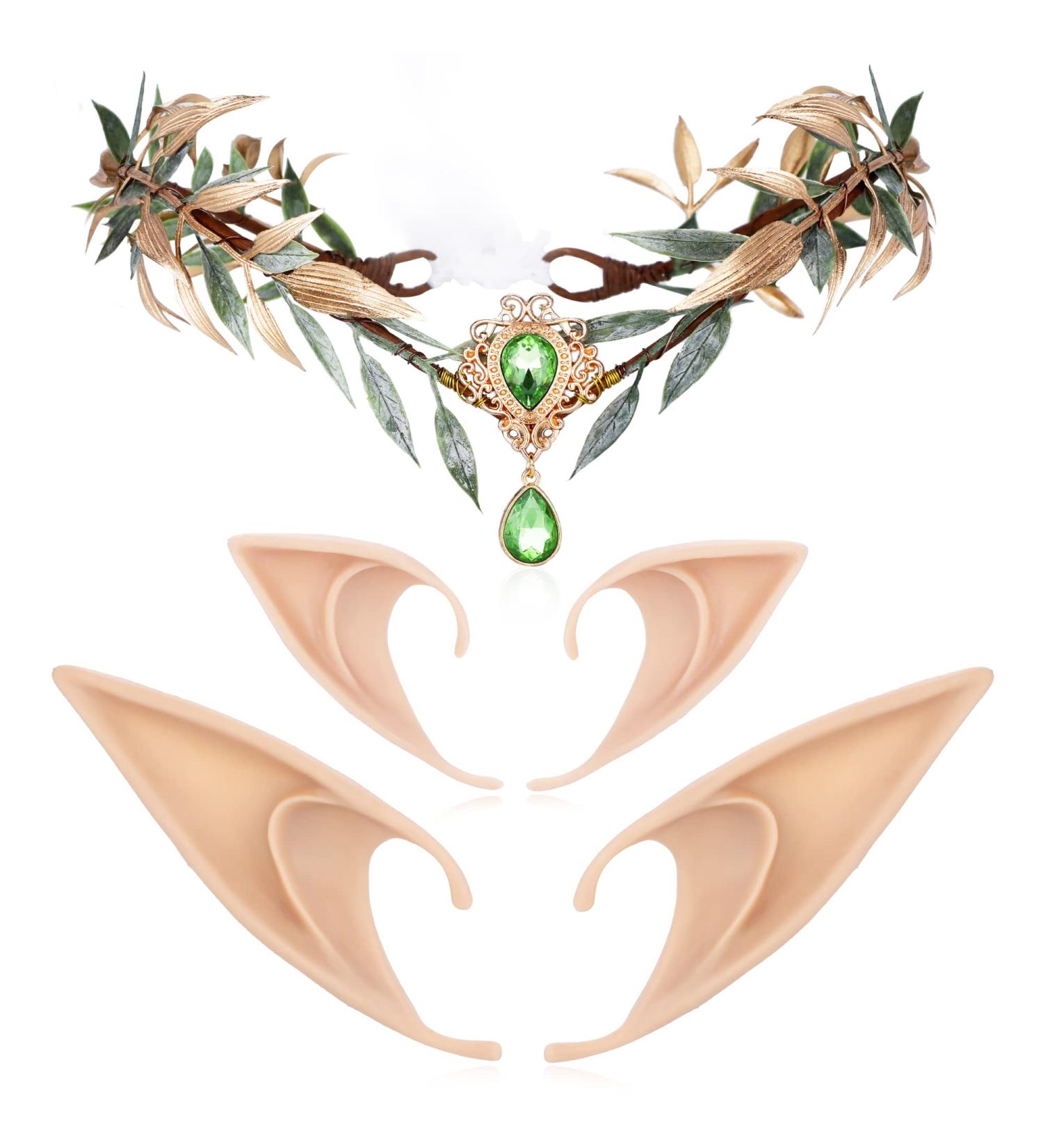 MOSTORY Fairy Leaf Rhinestone Crown with Elf Ears Set Handmade Princess Headpiece with 2 Pairs Soft Elven Ears kit for Women Womens Reneaissance Halloween Wedding Cosplay Photo Props - Buy Online on GoSupps.com