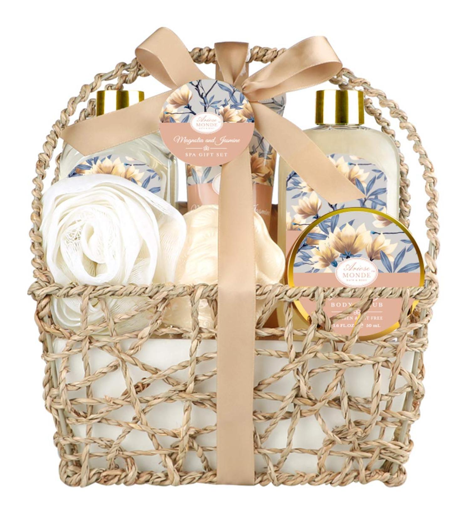 Mother's Day Bath Spa Gift Basket for Women - Magnolia & Jasmine Home Spa Kit with Body Lotion, Shower Gel, Bubble Bath, Scrub, Salt & Bomb - Buy Online on GoSupps.com