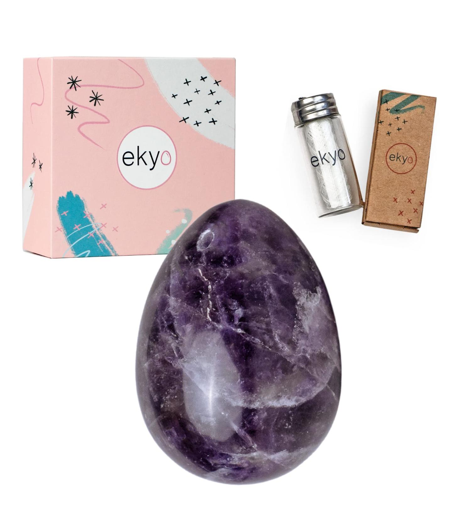 Yoni egg amethyst stone 4x3 cm (drilled) incl. Uncharged cord instructions cleaning brush & meditation - pelvic floor training for women - Yoni Egg Lila