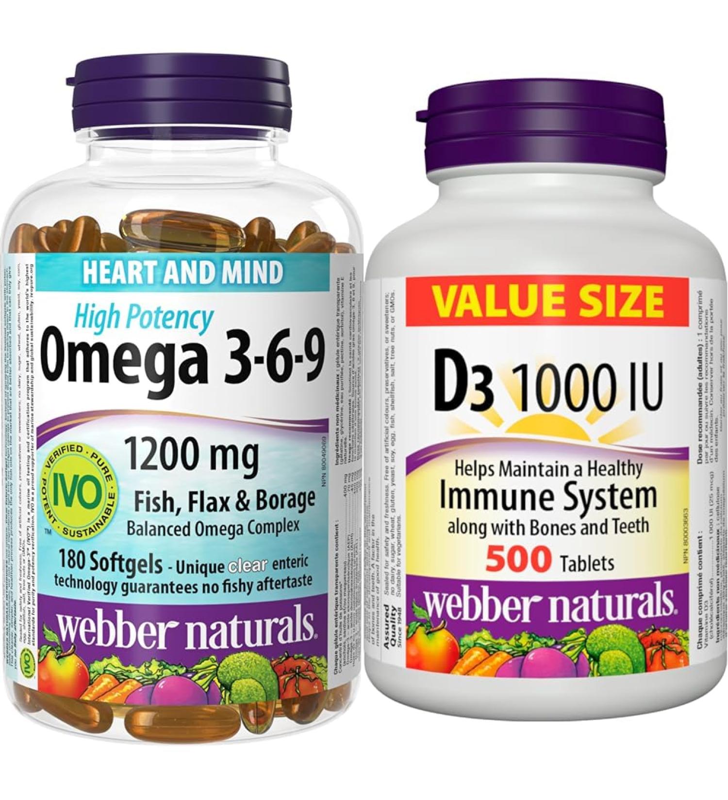 Webber Naturals Omega 3-6-9 Fish Oil 1 200 mg + Vitamin D3 1000 IU Bundle - Buy Online on GoSupps.com