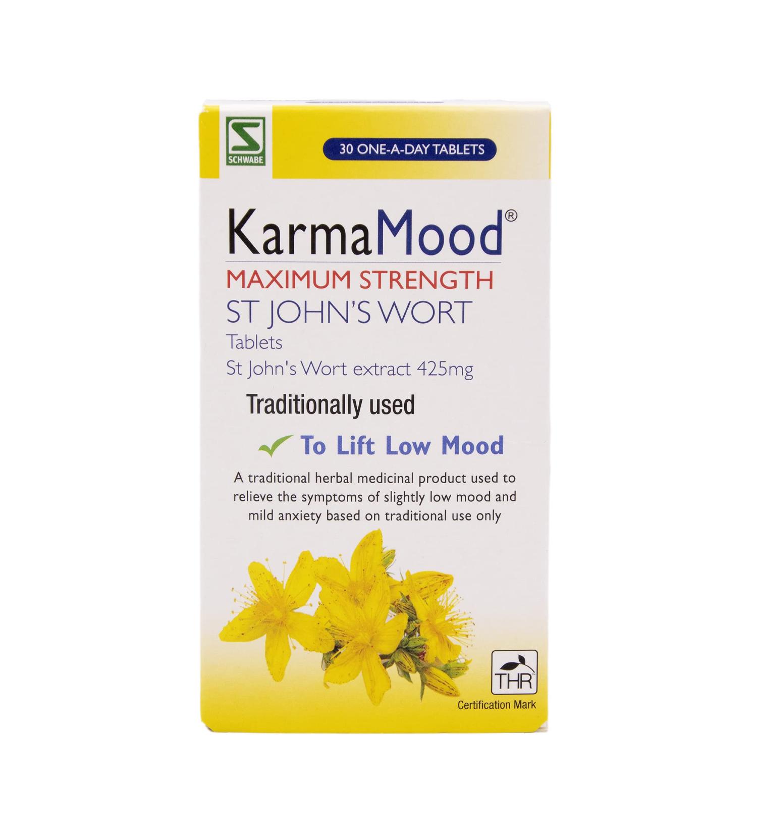 Schwabe KarmaMood Maximum Strength - St John's Wort Extract 425mg - Herbal Remedy for Low Mood and Anxiety - 30 Tablets - Buy Online on GoSupps.com
