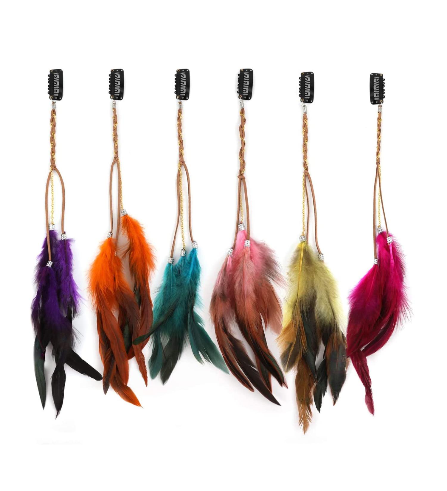 Binnan 6-Piece Colorful Feather Hair Extensions Clip - Boho Hair Accessories for Women - Buy Online on GoSupps.com
