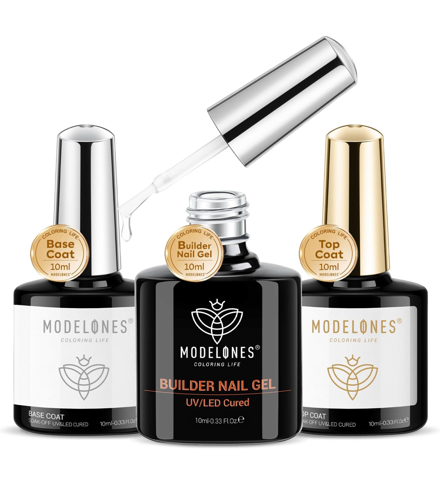 Modelones Builder Gel Set - 3Pcs No Wipe Base and Top Coat Gel Nail Polish with Gel Builder - Transparent Strengthener Hard Gel - 10ML Clear - Buy Online on GoSupps.com