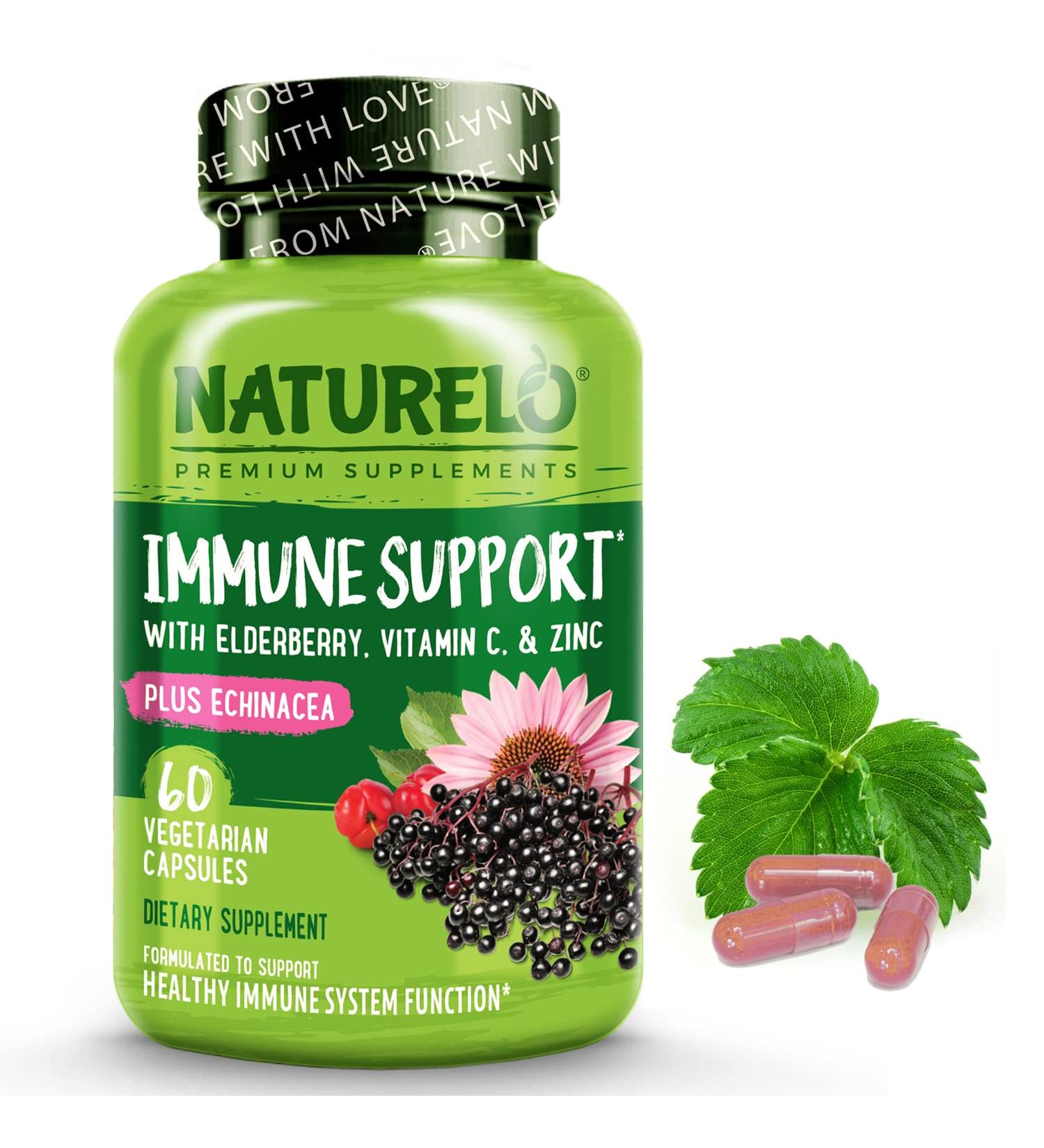 NATURELO Immune Support with Vitamin C, Elderberry, Zinc, Echinacea - 60 Vegan Capsules | Natural Immunity Boost and Antioxidant Defense - Buy Online on GoSupps.com