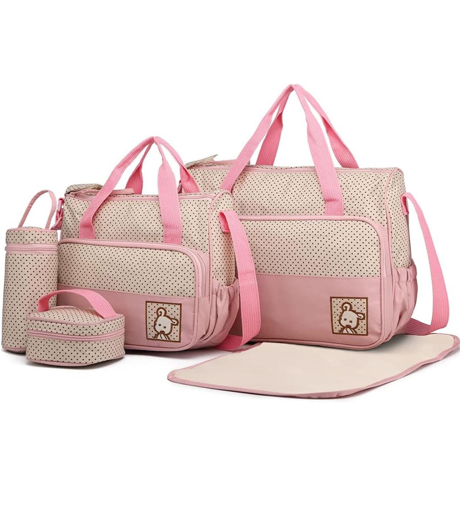 Shop KMRLOFIY 5 Set Baby Diaper Bag - Stylish Travel Handbag with Bottle Holder & Changing Pad | Pink Baby Bags for Moms - Buy Online on GoSupps.com