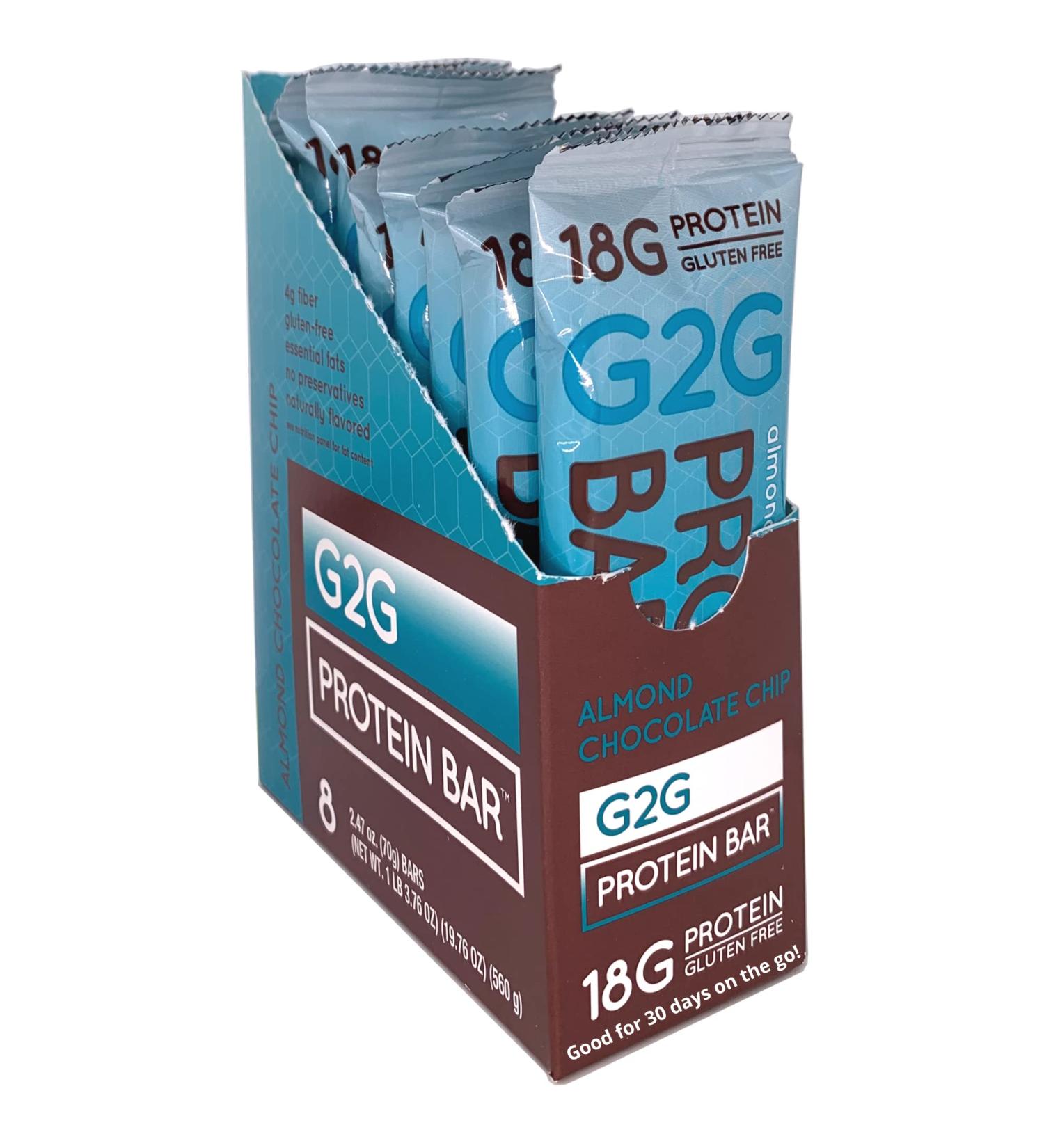 G2G Almond Chocolate Chip Protein Bars 8 Count - Real Food Ingredients, Refrigerated for Freshness, Healthy Gluten-Free Snack and Meal Replacement, 2.47 oz (Pack of 8) - Buy Online on GoSupps.com