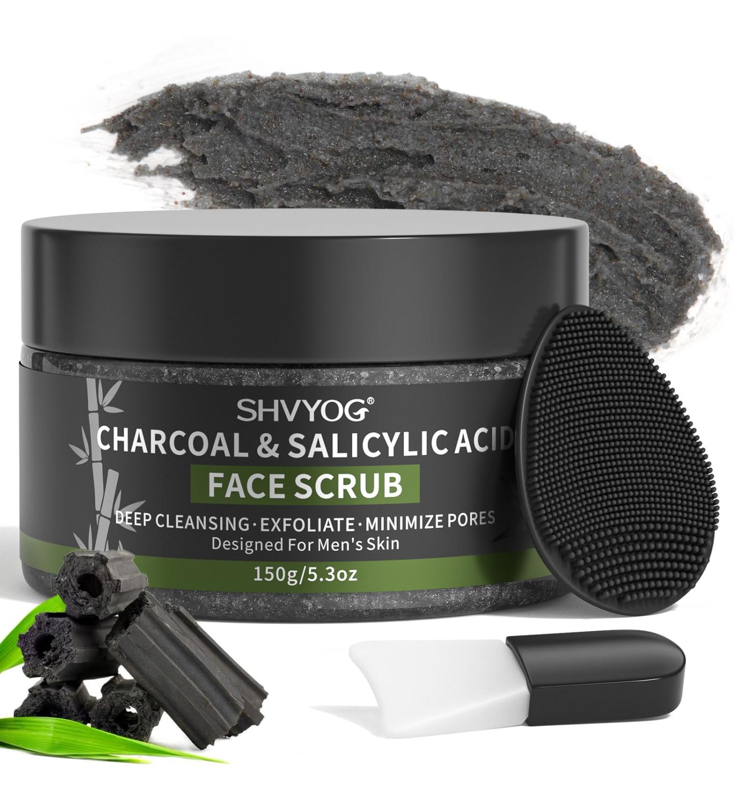 Men's Face Scrub Bamboo Charcoal Salicylic Acid Face Exfoliant Facial Peeling Improves Blackheads Acne Clogged Pores Cleansing Oil Control Pre-shave Care for Men with Facial Cleansing Brush - Buy Online on GoSupps.com