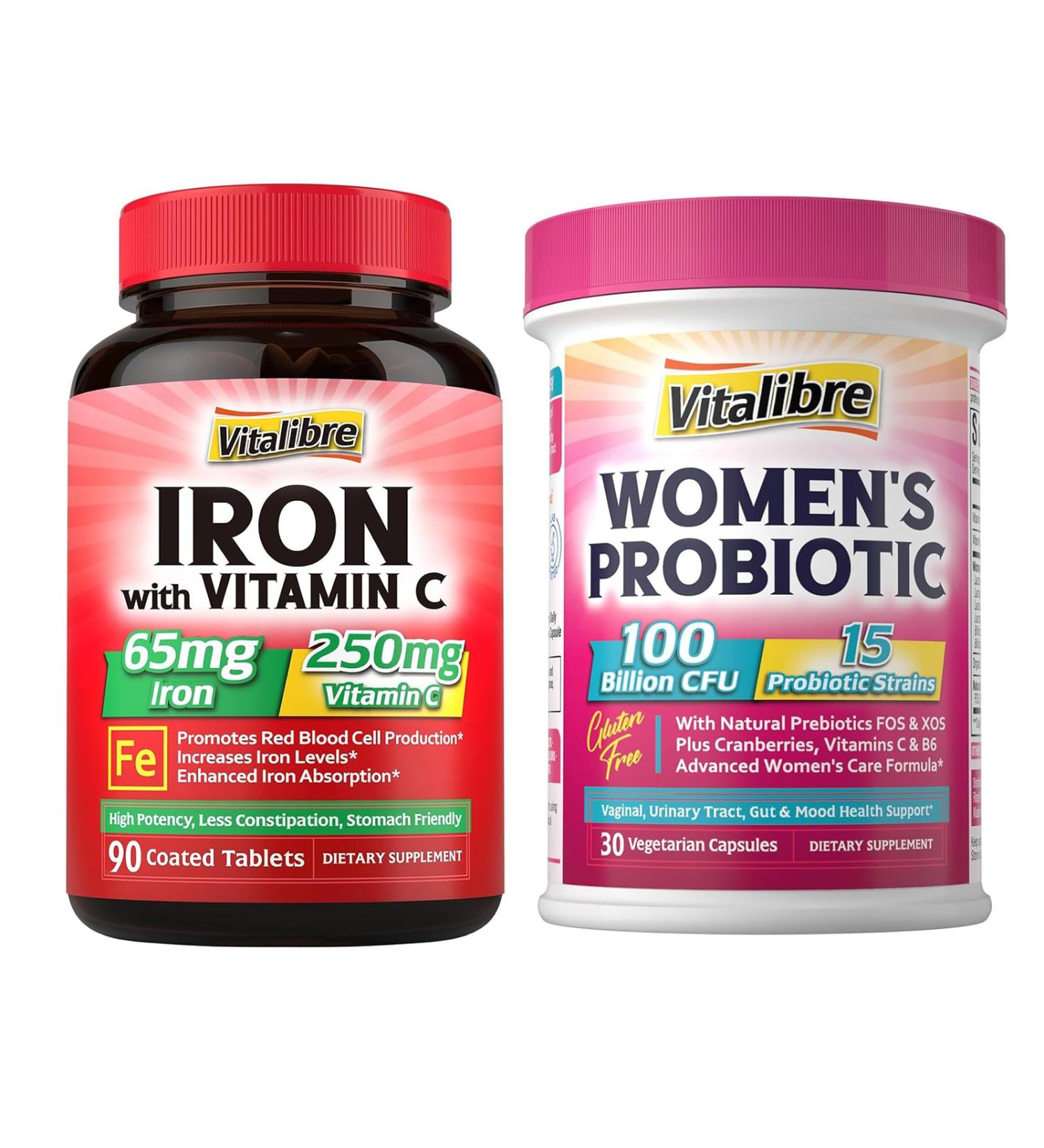Vitalibre Probiotics for Women 100 Billion CFU 15 Strains & Iron Supplement 65mg with Vitamin C 90 Tablets - Buy Online on GoSupps.com
