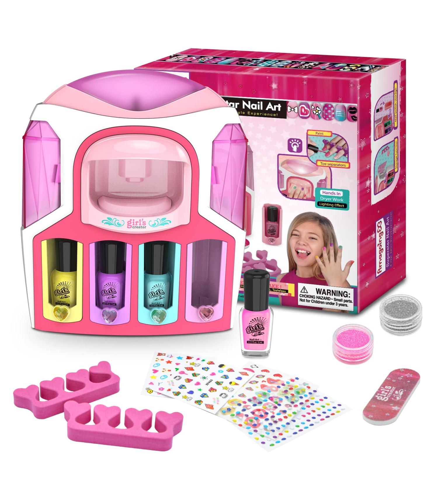 Amagoing Kids Nail Art Kit for Girls - 2 in 1 Dryer Nail Salon Set with Peelable Polishes, Stickers - Perfect Manicure Playset for Girls Ages 7-12 - Buy Online on GoSupps.com