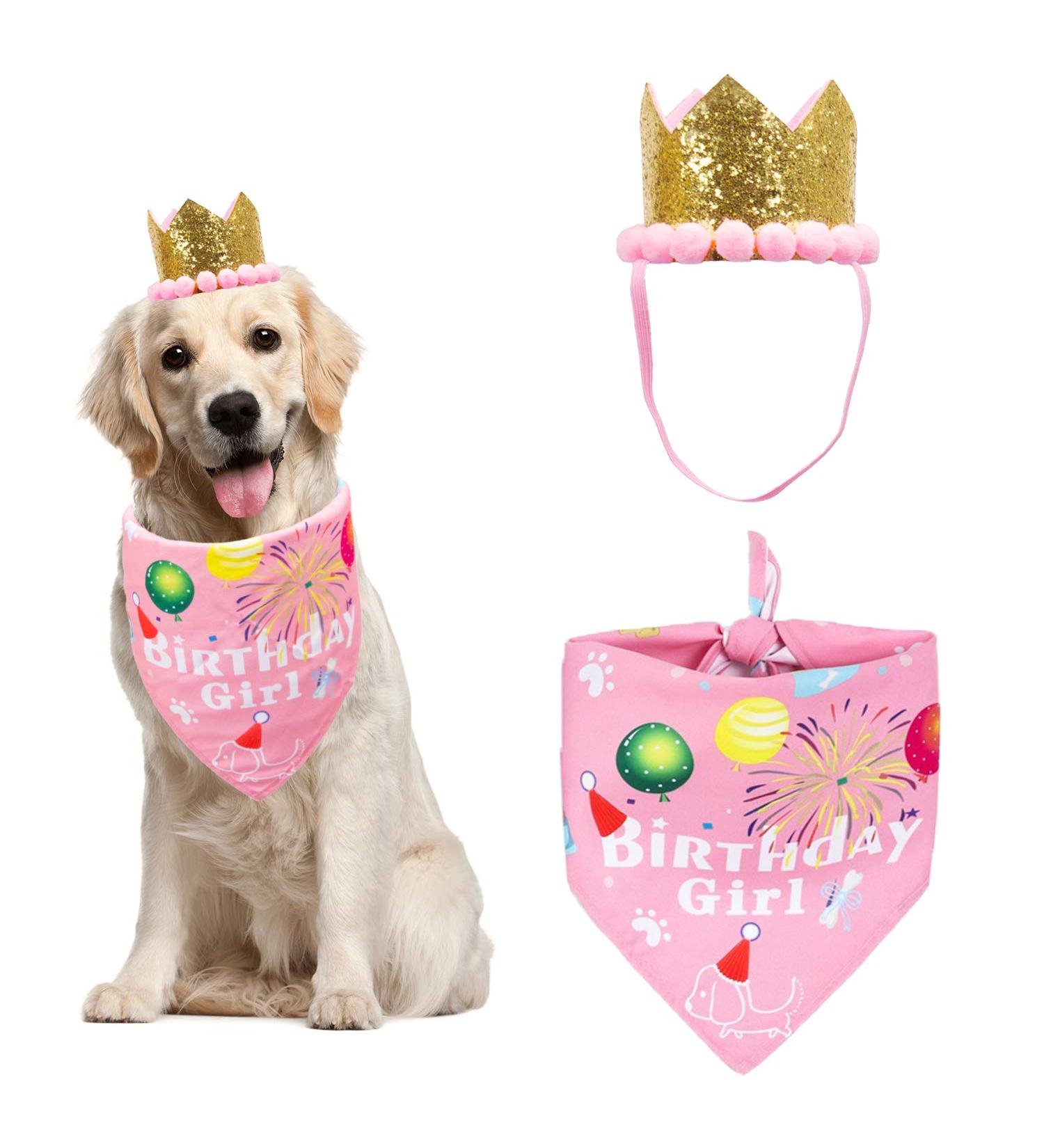 ADOGGYGO Dog Birthday Bandana Hat Set - Pink Scarf & Crown for Small Medium Dog | Puppy Party Supplies - Buy Online on GoSupps.com