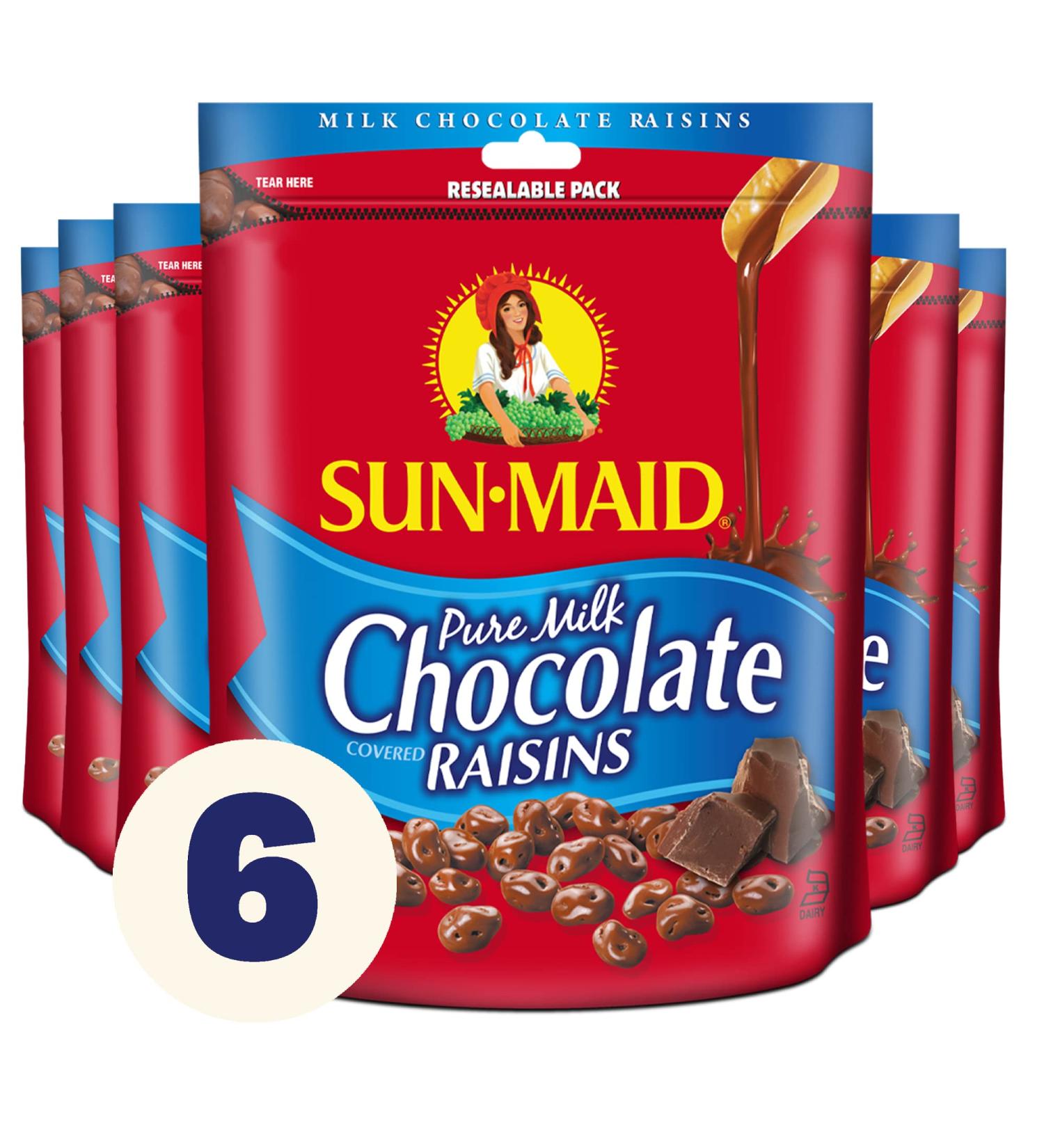 Sun-Maid Chocolate Covered Raisins Snacks  Pure Milk Chocolate Raisins  7 oz Resealable Bags (Pack of 6) - Buy Online on GoSupps.com