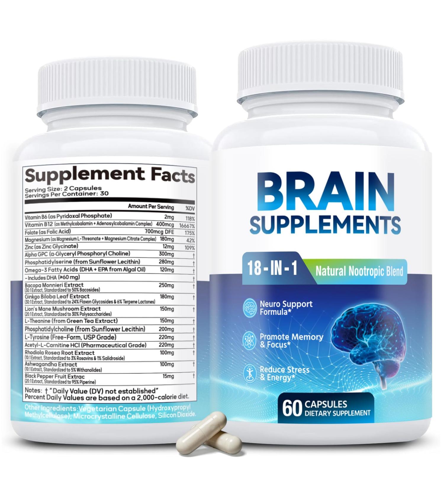 18-in-1 Brain Supplement for Memory and Focus Nootropic Capsules with Alpha GPC Bacopa Ginkgo Biloba Lion's Mane Vitamin B6 & B12 | Cognitive Health Mental Clarity | Vegan Non-GMO - Buy Online on GoSupps.com