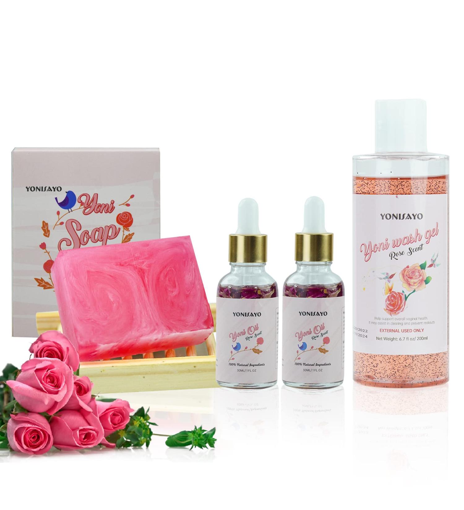 Yoni Wash, Essential Oil & Soap Set for Women - Moisturizing pH Balance, Remove Odor, Feminine Hygiene - Rose Scented - 5.29oz Soap Bar, 2*30ml Oil, 6.7 fl.oz Wash - Buy Online on GoSupps.com