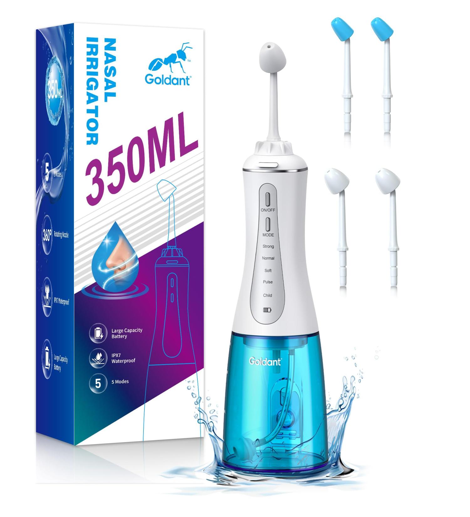 GOLDANT 350ML Neti Pot Sinus Rinse Kit with 40 Nasal Rinse Salt Packets Nasal Irrigation System with 5 Modes 4 Nozzles Cordless Rechargeable IPX7 Waterproof Nose Cleaner (350ML No Salt) - Buy Online on GoSupps.com