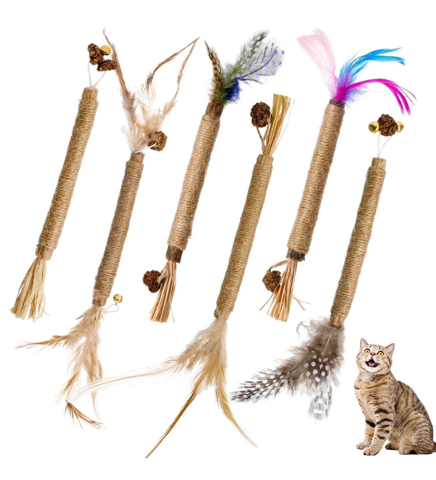Zuimei 6 Pack Silvervine Chew Sticks Kitten Teething Toys Natural Cat Teeth Nip Cleaning Teeth Chew Catnip Toys with Bells and Feathers for Cat Teeth Cleaning Kitten Teething and Stress Release - Buy Online on GoSupps.com