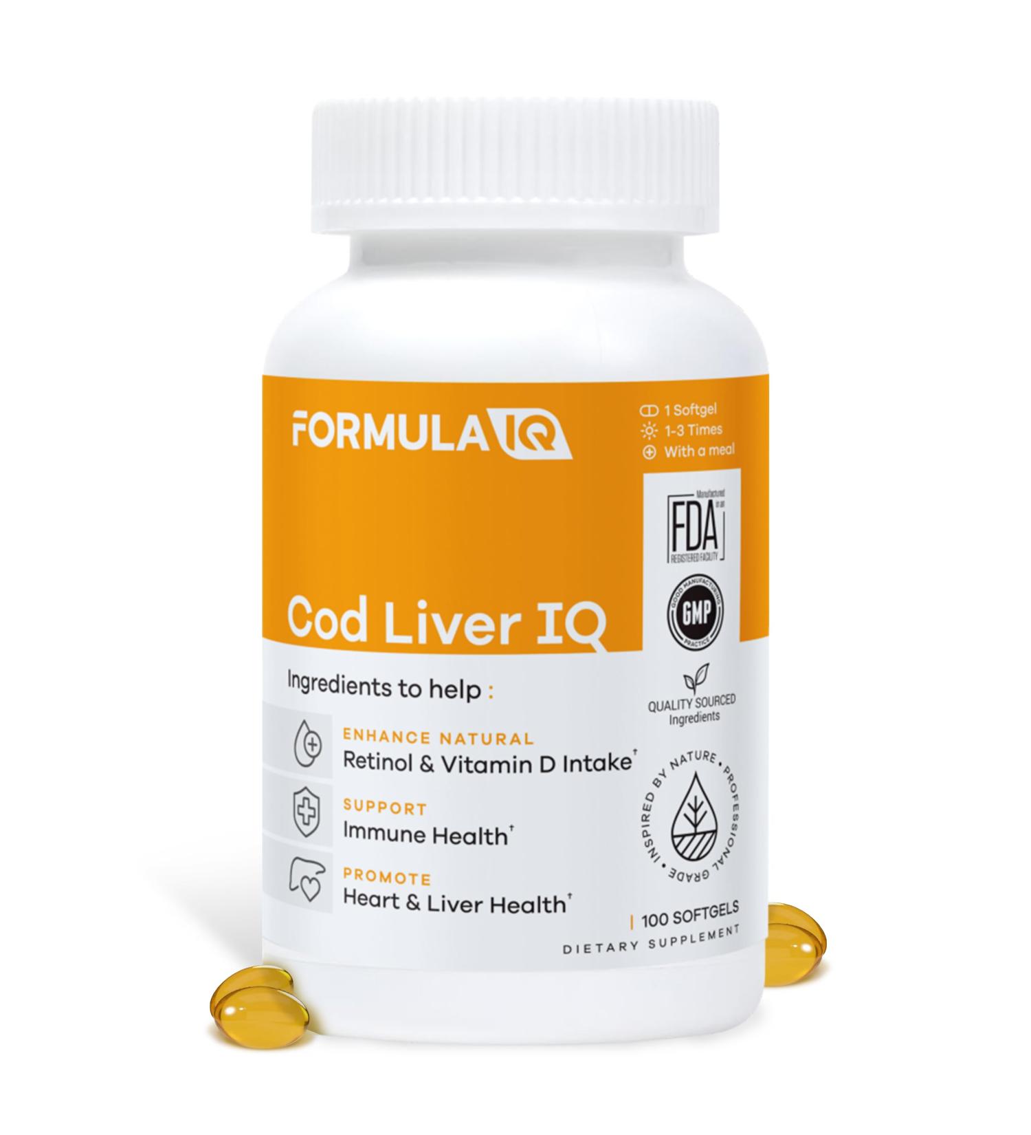 FIQ - Cod Liver IQ - Cod Liver Oil Softgels - Natural Source of Vitamins A & D and Omega-3 Fatty Acids - Heart Liver & Immune Health - 100 Softgels - Buy Online on GoSupps.com