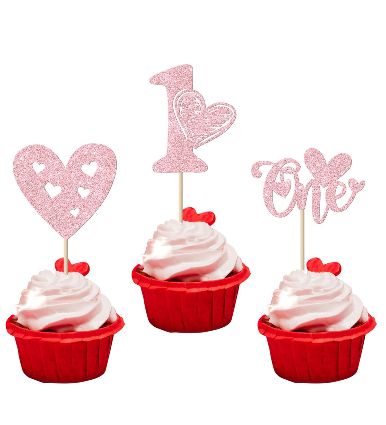 Rsstarxi 24 Pack Happy Valentine's Day 1st Birthday Cupcake Toppers Glitter Valentines Heart One Cupcake Picks for Valentine's Day Baby Shower First Birthday Party Cake Decorations Pink Design 19 Pink - Buy Online on GoSupps.com