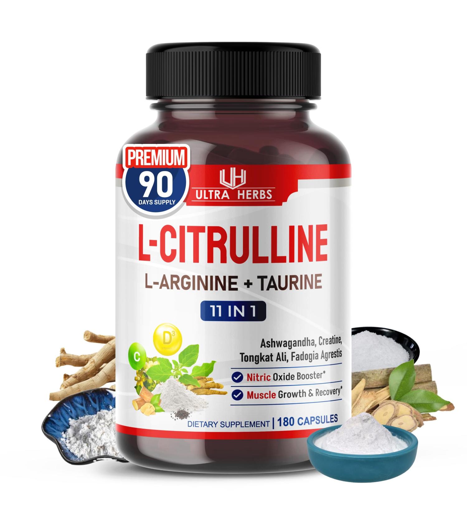 L-Citrulline Supplement Capsules Enriched with L-Arginine, Taurine, Creatine, Tongkat Ali, Fadogia Agrestis | Ultra Nitric Oxide Booster for Muscle Endurance, Stamina & Recovery | 180 Capsules 180 count (pack of 1) - Buy Online on GoSupps.com