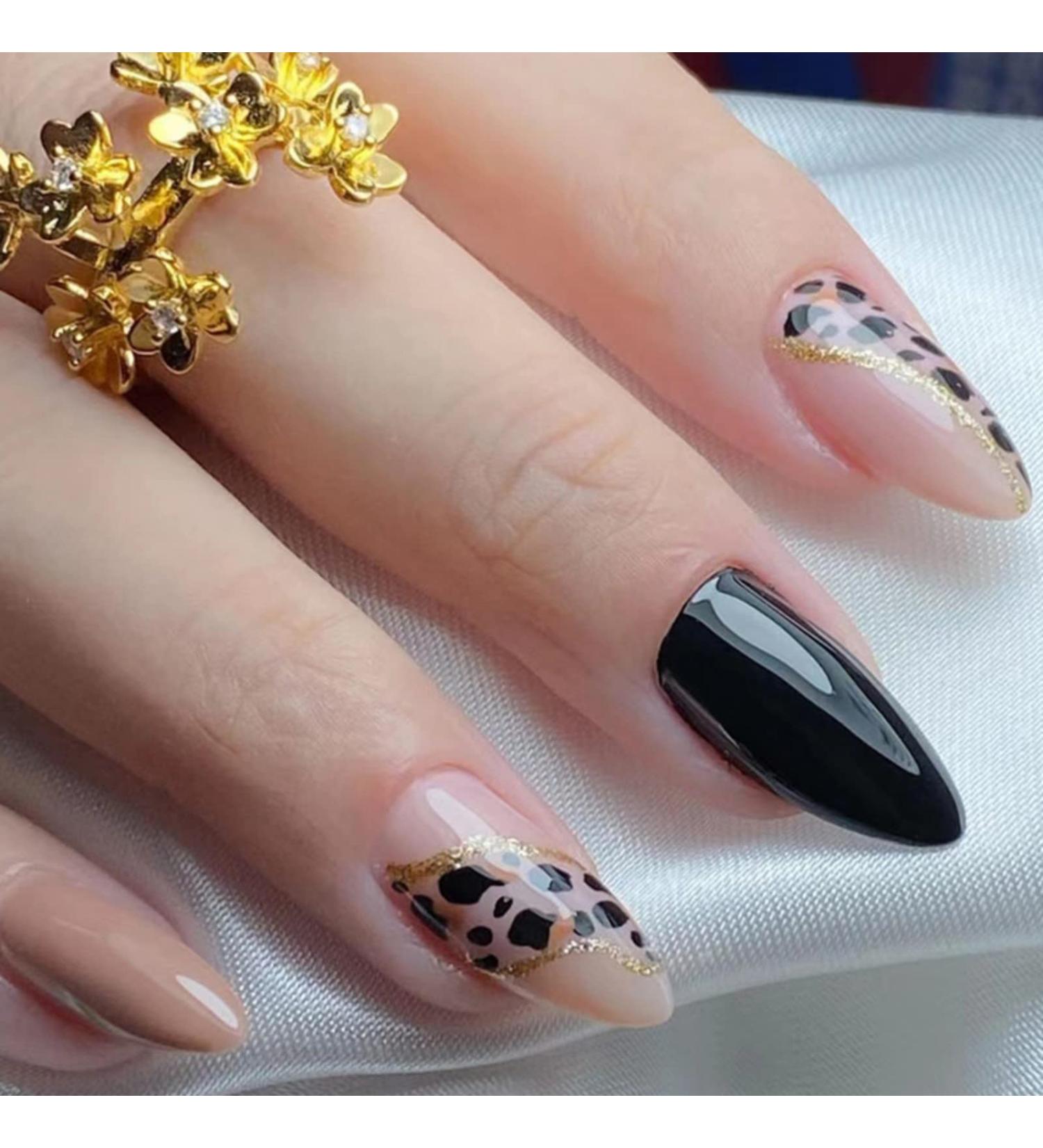 Shop Justotry 24-Piece Leopard Stiletto & Black French Press-On Nails | Glitter Almond Art | Medium Acrylic Fingernails for Women - Buy Online on GoSupps.com