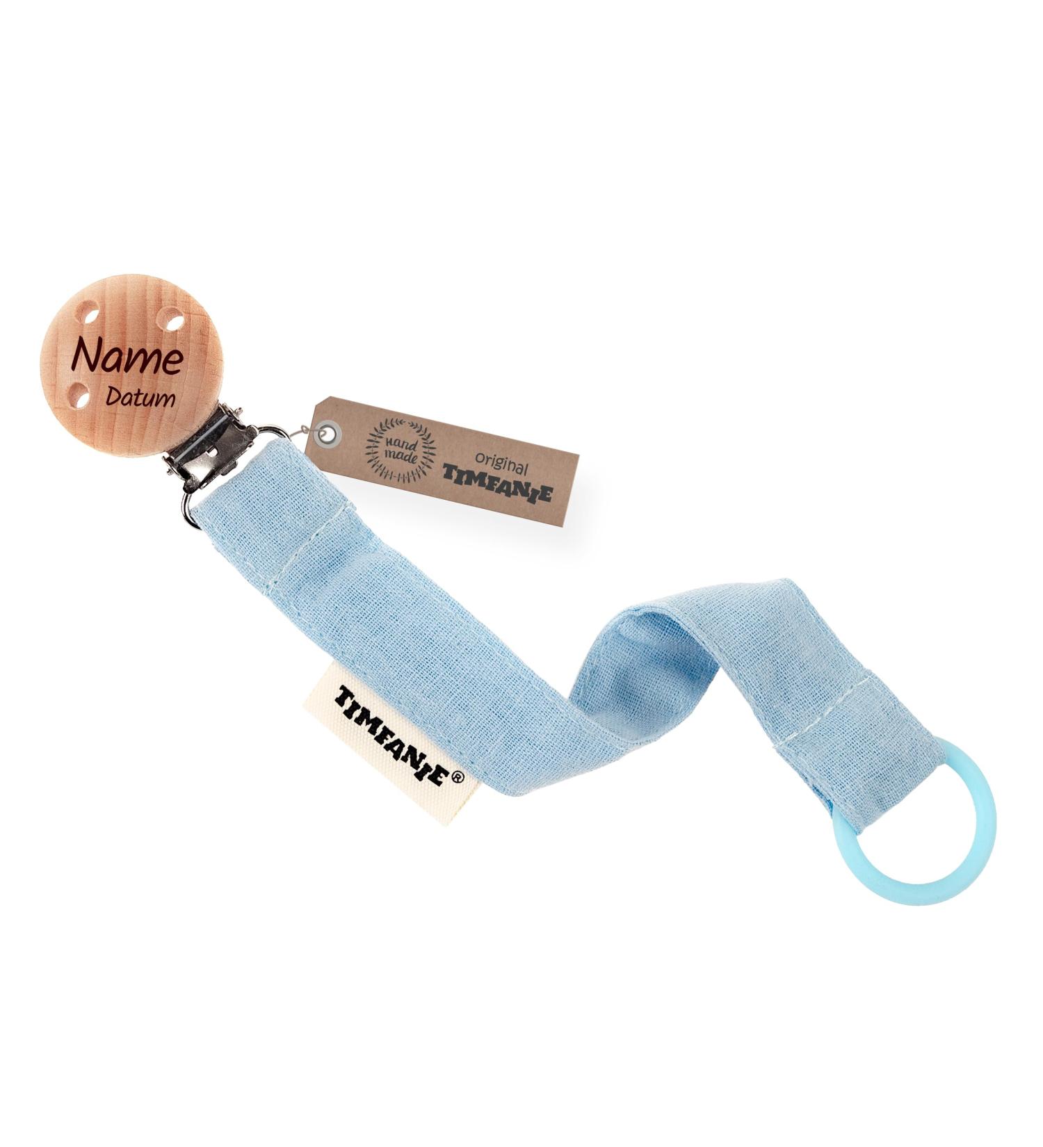 Timfanie Pacifier Holder for Boys | Baby Blue Fabric Ribbon/Chain with Custom Engraving & Adapter - International Shipping Available - Buy Online on GoSupps.com