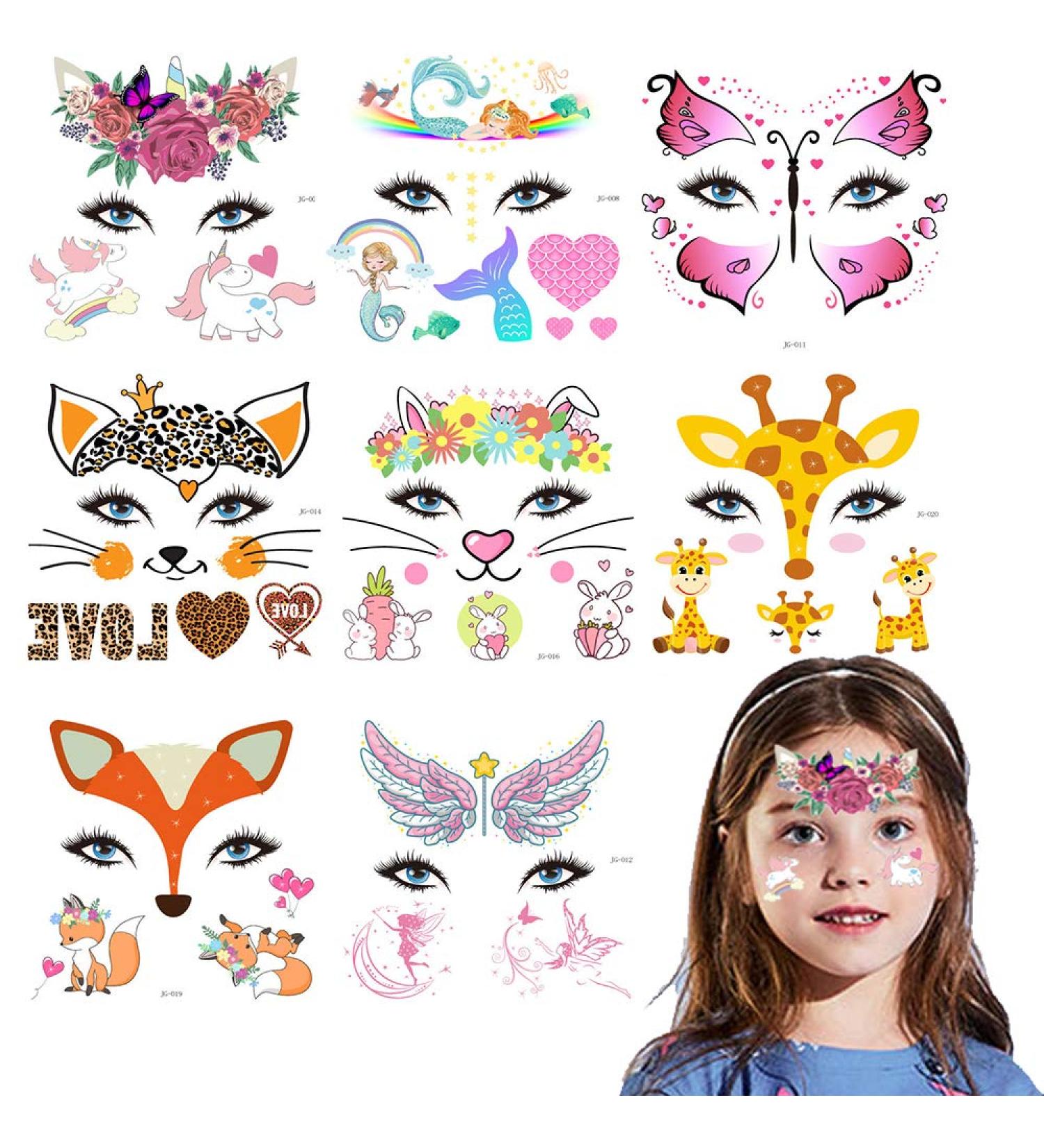 8pcs Kids Animal Face Tattoo Set - Water Transfer Butterfly Sticker for Halloween & Parties - Buy Online on GoSupps.com