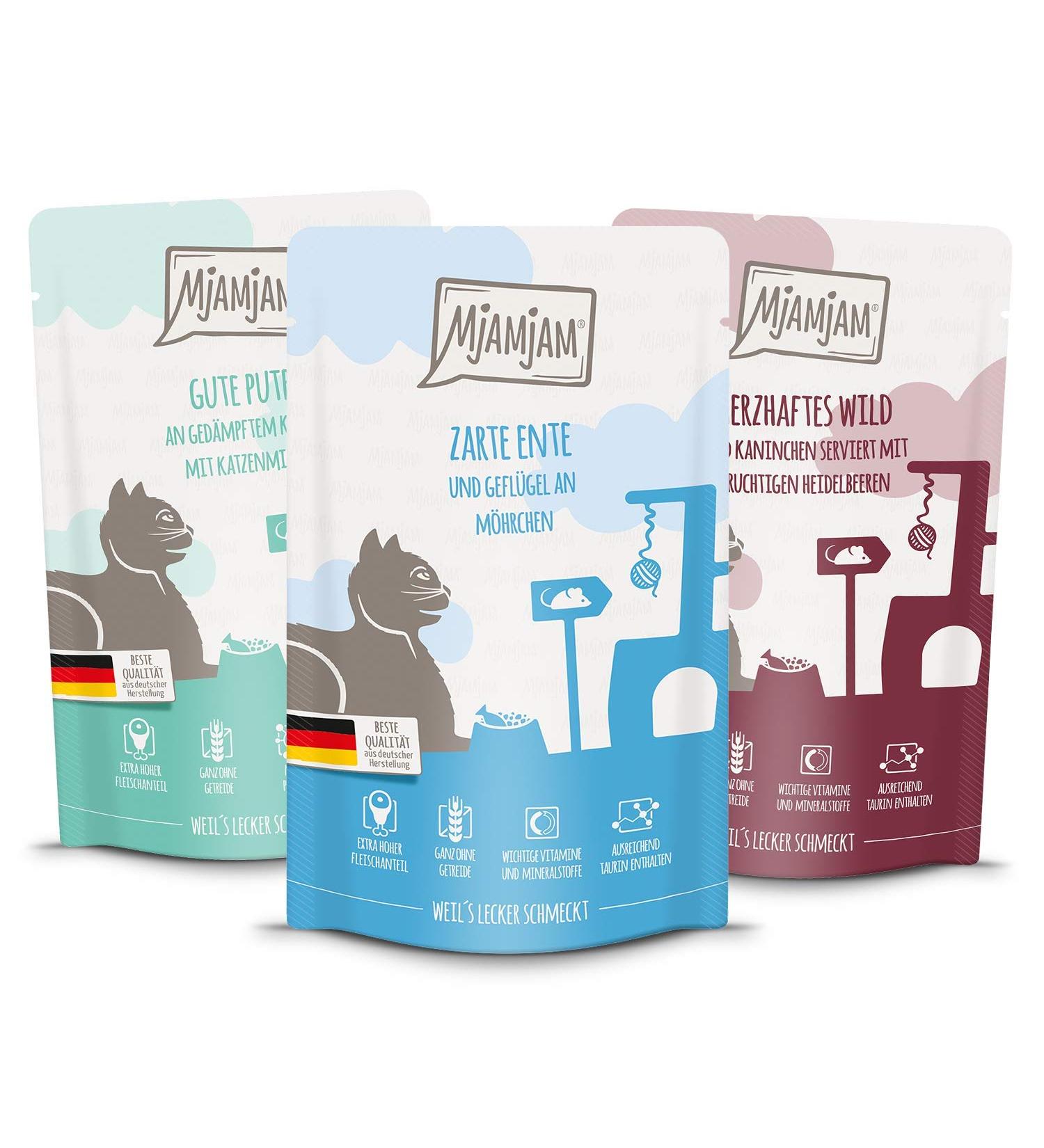 Mjamjam Premium Grain-Free Wet Cat Food - Mix Package II (12x125g) with Wild & Rabbits Turkey Duck & Poultry - Extra Meat International Shipping - Buy Online on GoSupps.com