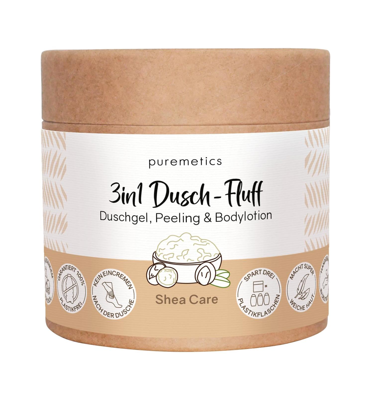 Puremetics 3-in-1 Shower Gel (250 g) Shower Gel Exfoliating and Lotion in one Vegan and Plastic-free | Nourishes Slimmes and Straightens the Skin Sugary Sea Salt Exfoliation Zero Waste Shea Care - Buy Online on GoSupps.com