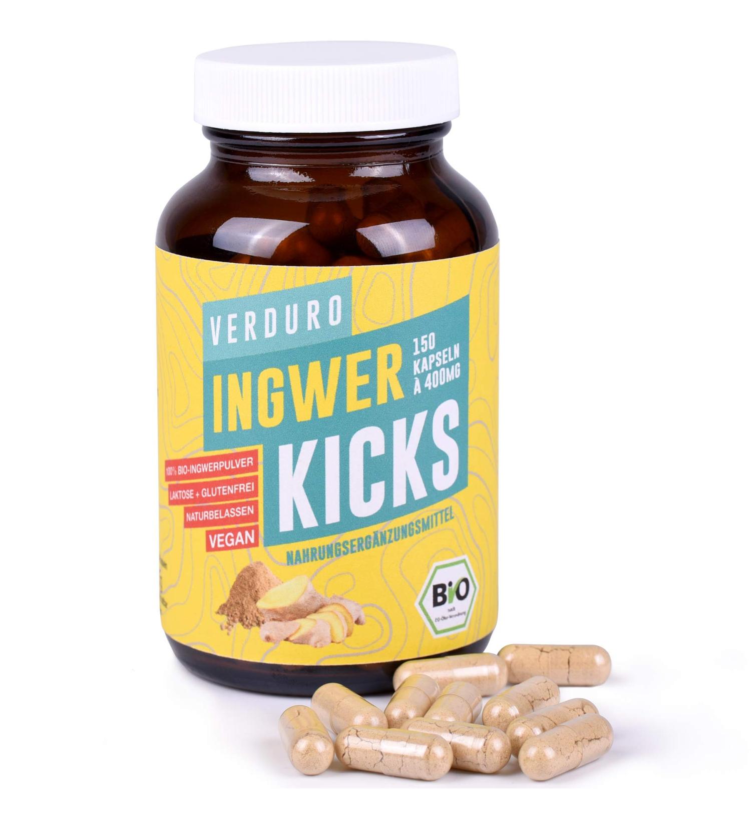 Verduro Organic Ginger Capsules - 150 High Dose Vegan 800mg - Pure Organic Ginger Powder for Immunity & Metabolism Lactose-Free - Buy Online on GoSupps.com