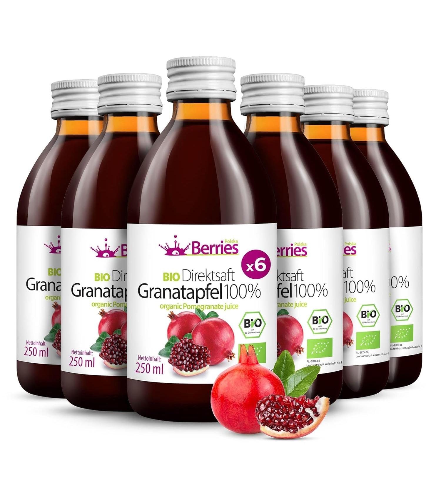 Organic Pomegranate Juice 6 Pack (6x250ml) - 100% Pure Cold-Pressed Vegan | No Added Sugars Dyes or Preservatives - Berriespolska  - Buy Online on GoSupps.com