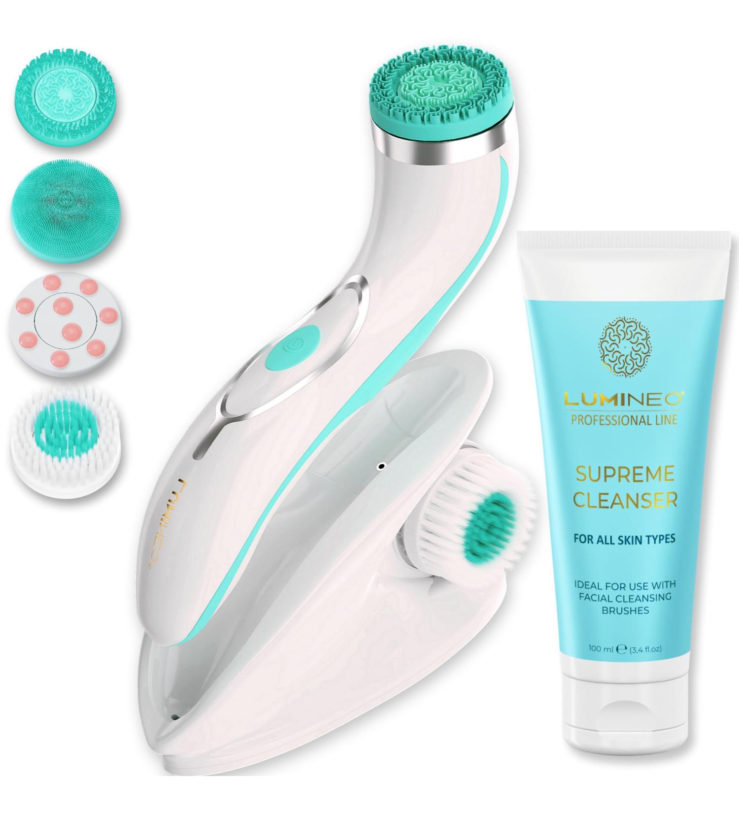 Lumineo Deep Facial Cleansing Brush with 4 Attachments - Medical Silicone USB-C IPX6 Waterproof & Gel for All Skin Types - Turquoise - Buy Online on GoSupps.com