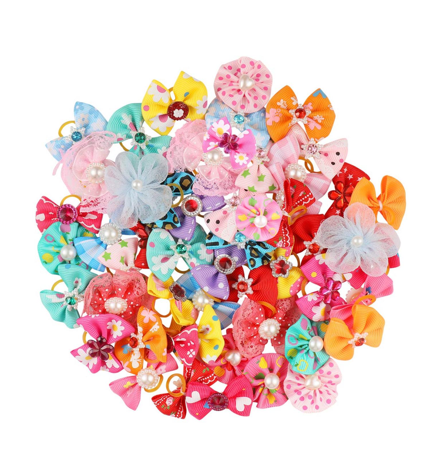 POPETPOP 50pcs Dog Bows with Rubber Bands - Multicolor Rhinestone Beads Flowers Topknot Puppy Bows for Pet Cat Dog Hair - Mixed Color - Buy Online on GoSupps.com
