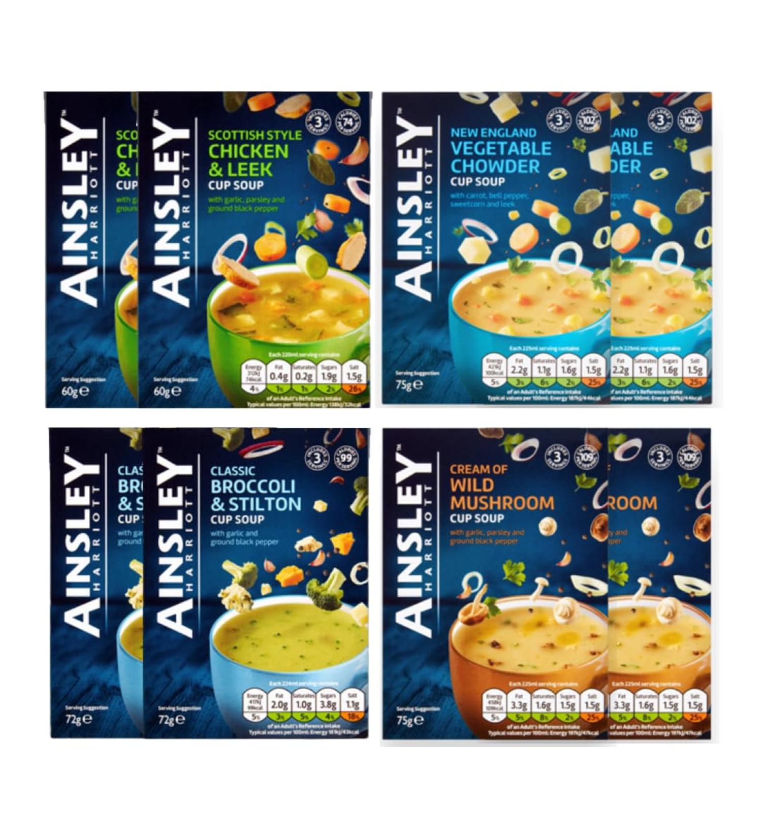 Cup Soup Bundle Consisting of Ainsley Harriott Chicken & Leek Cup Soup 60g x2 Vegetable Chowder 75g x2 Broccoli & Stilton 72g x2 Cream of Wild Mushroom 75g x2 (8 Pack) - Buy Online on GoSupps.com