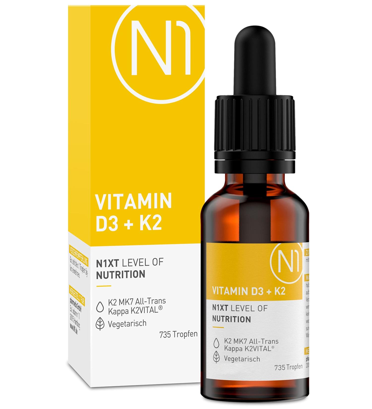 N1 Vitamin D3 K2 Drops 735 St. - Premium 99.7% All-Trans K2Vital | High Dose D3 & K2 Vitamins | 20ml Optimally Dosed - International Shipping Available - Buy Online on GoSupps.com