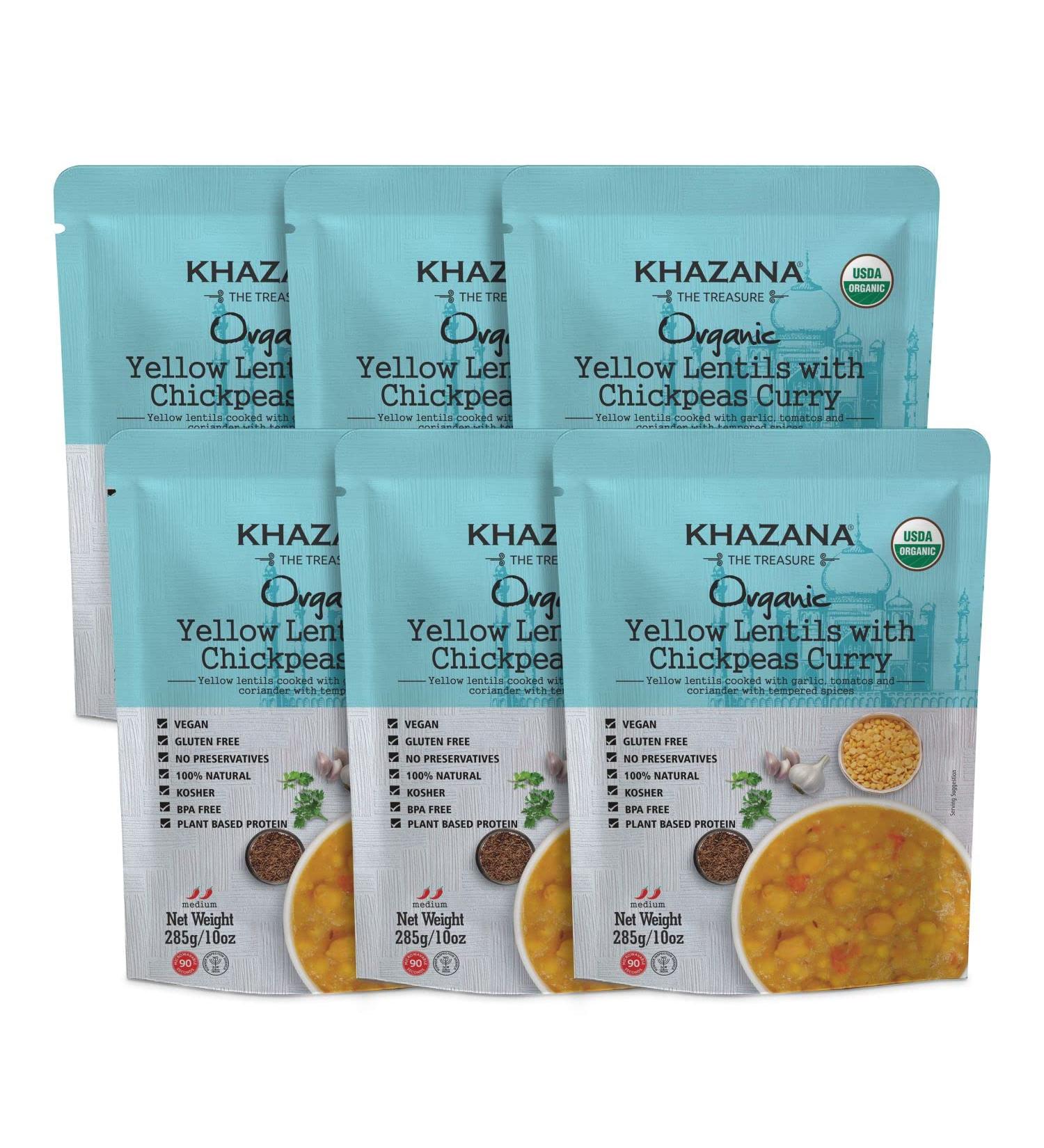 Khazana Organic Ready to Eat Indian Meals - Yellow Lentils & Chickpea Curry (6-Pack) | Non-GMO, Vegan, Gluten Free, Kosher - Buy Online on GoSupps.com