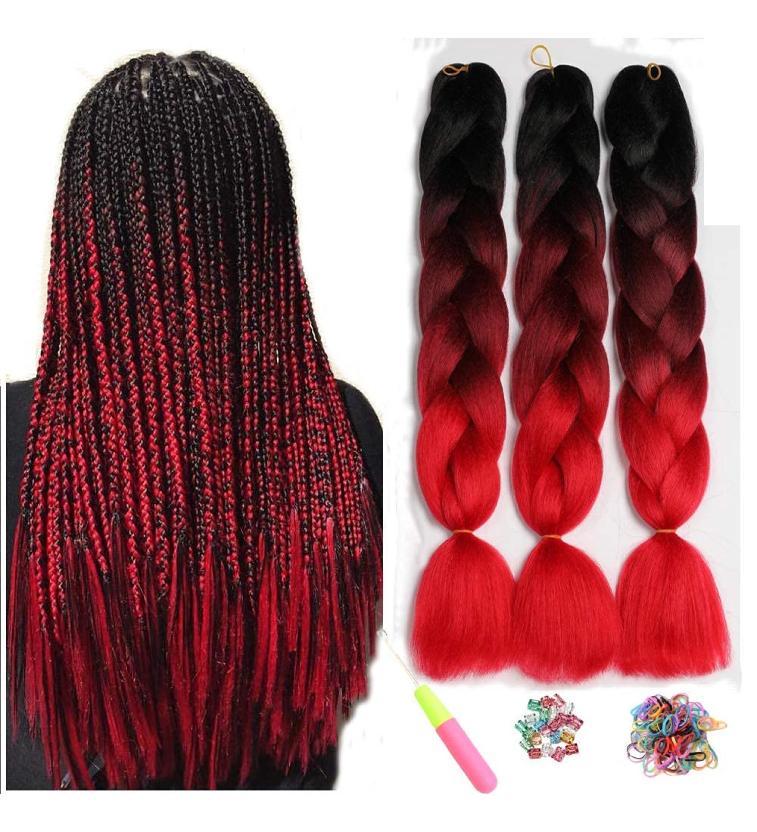 Shop Showjarlly Kanecalon Hair Braids Extension - Ombre Jumbo Braid 24 - Black/Red & More - Premium Kunsthaar for Stunning Hairstyles - Buy Online on GoSupps.com