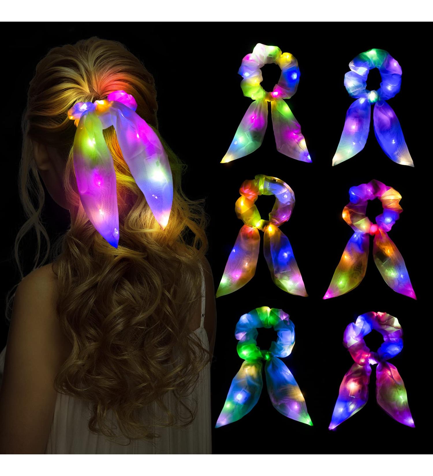 Neon Light Up Bow Scrunchies 6 Pack - Glow in the Dark Hair Accessories for Girls and Women - Perfect for Raves, Parties, Birthdays - Pattern 1 - Buy Online on GoSupps.com