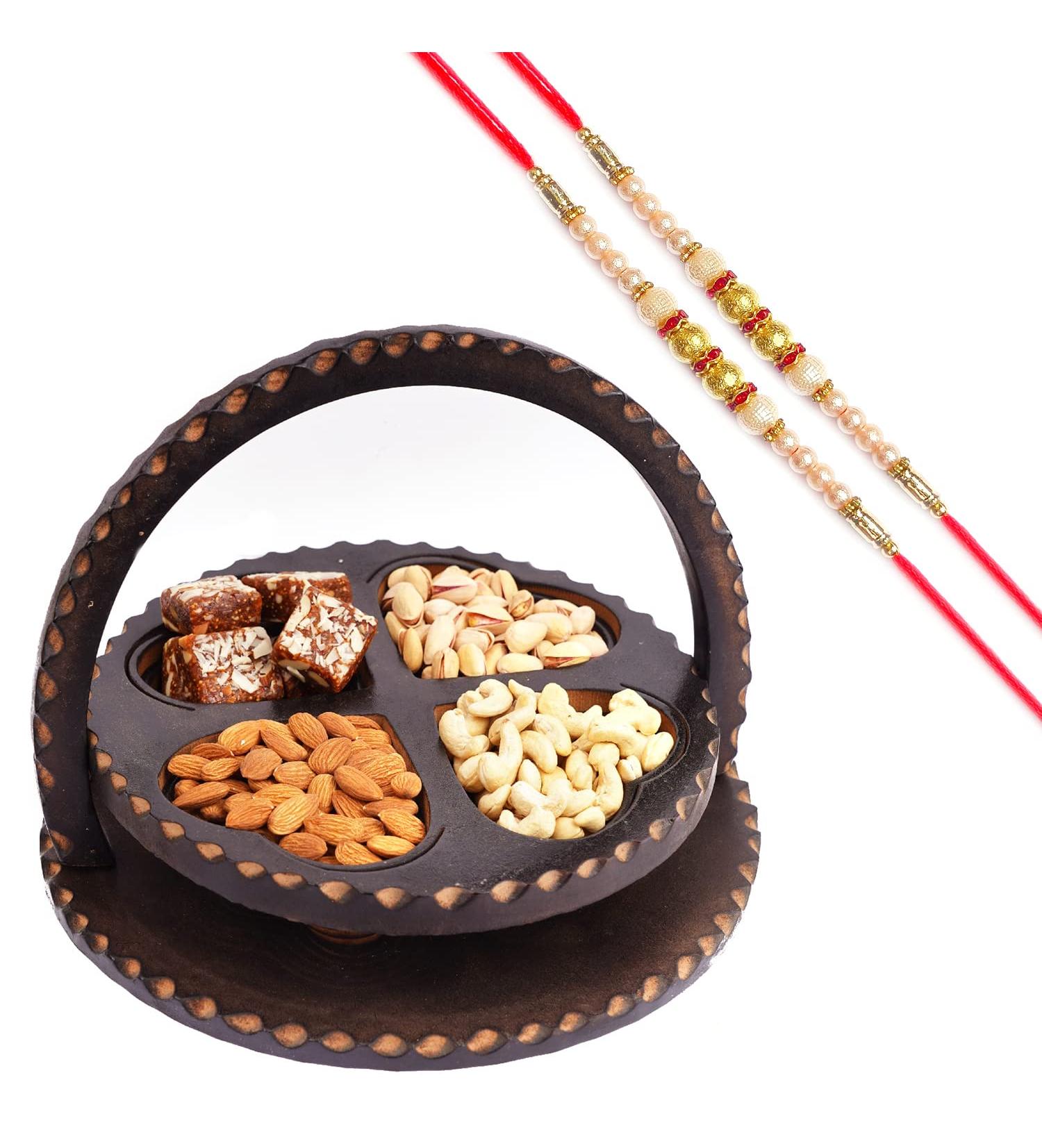 Ghasitaram Gifts Rakhi Gifts for Brothers Dryfruit - Foldable Basket of Cashews Almonds Pistachios Sugarfree Bites with 2 Pearl Rakhis - Buy Online on GoSupps.com