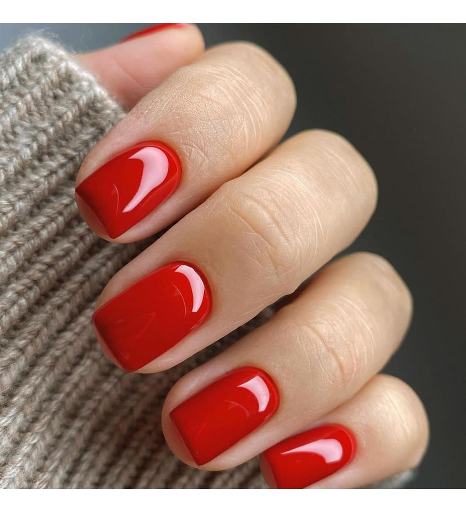 Red Press on Nails - Short Square Glossy Gel Fake Nails | Reusable Acrylic Manicure | 24 Pcs Classic Stylish Nail Art - Buy Online on GoSupps.com