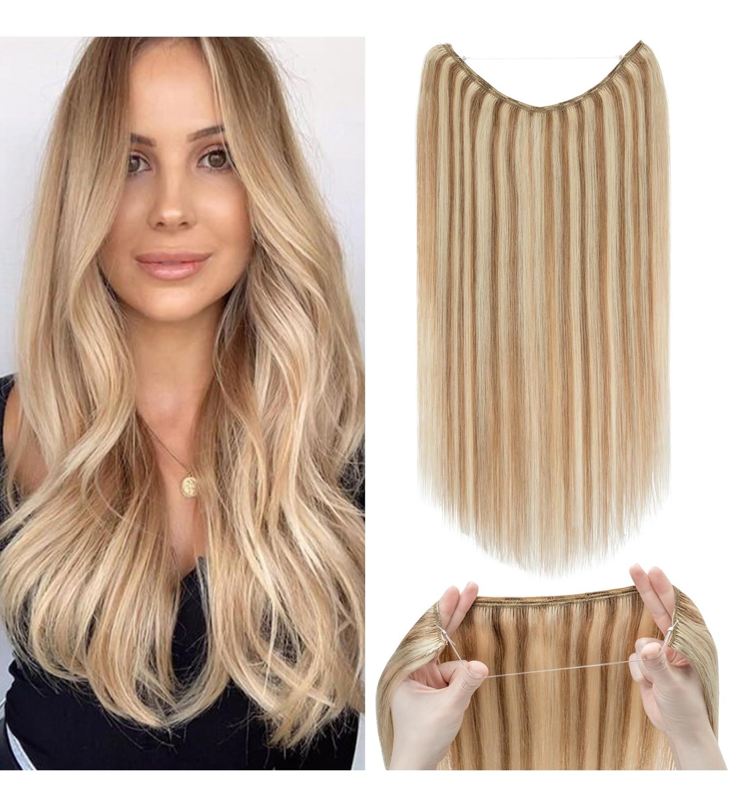 Real Hair Extensions with Transparent Cord - 40cm Golden Brown & Bleach Blonde Highlights - Invisible Silk-Co Wire Hair Extensions for Women - Buy Online on GoSupps.com