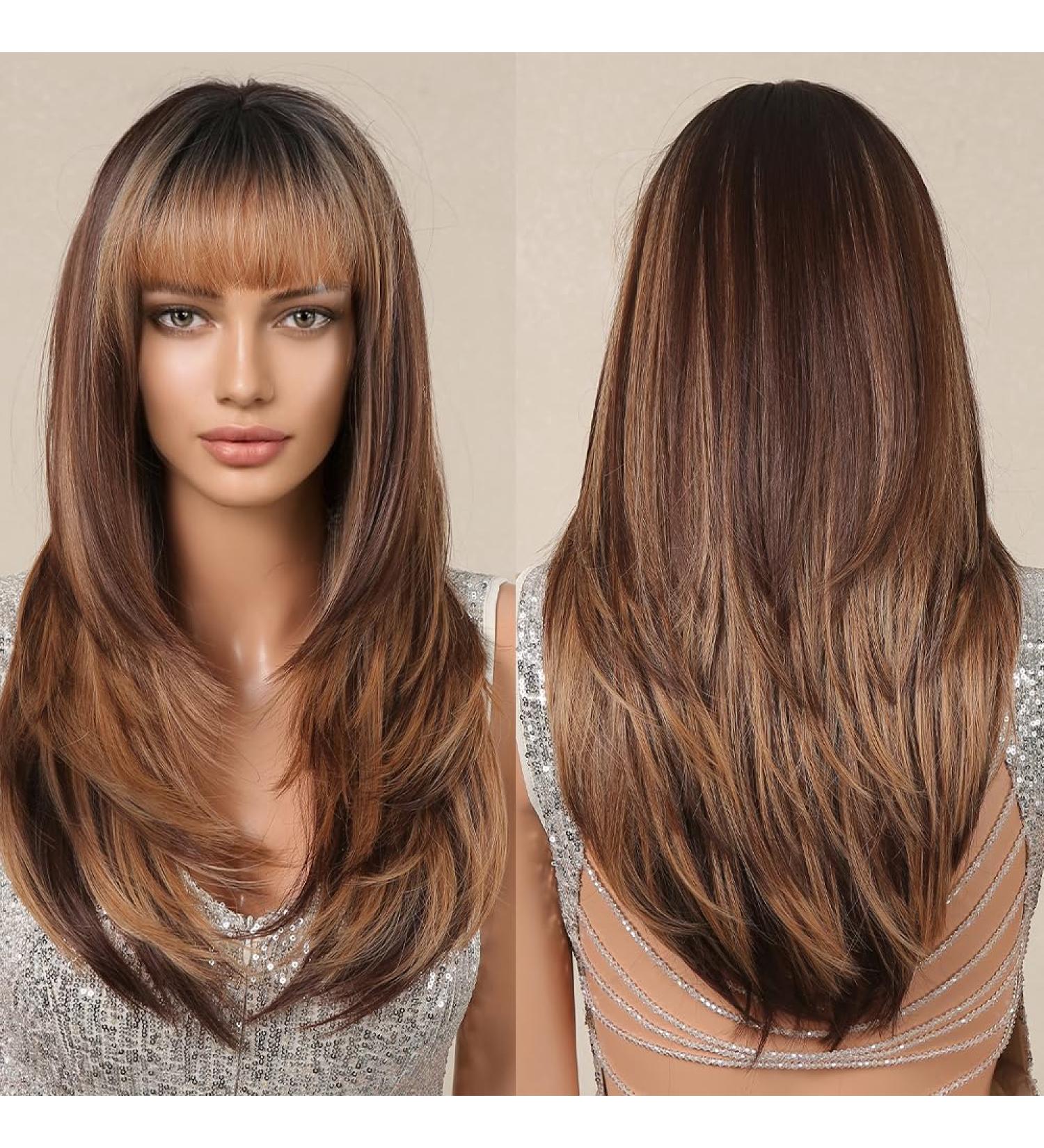 Allbell Colored Honey Brown Wigs for Women - Long Straight Layered Synthetic Wigs with Bangs | Shop 2127-2 Online - Buy Online on GoSupps.com