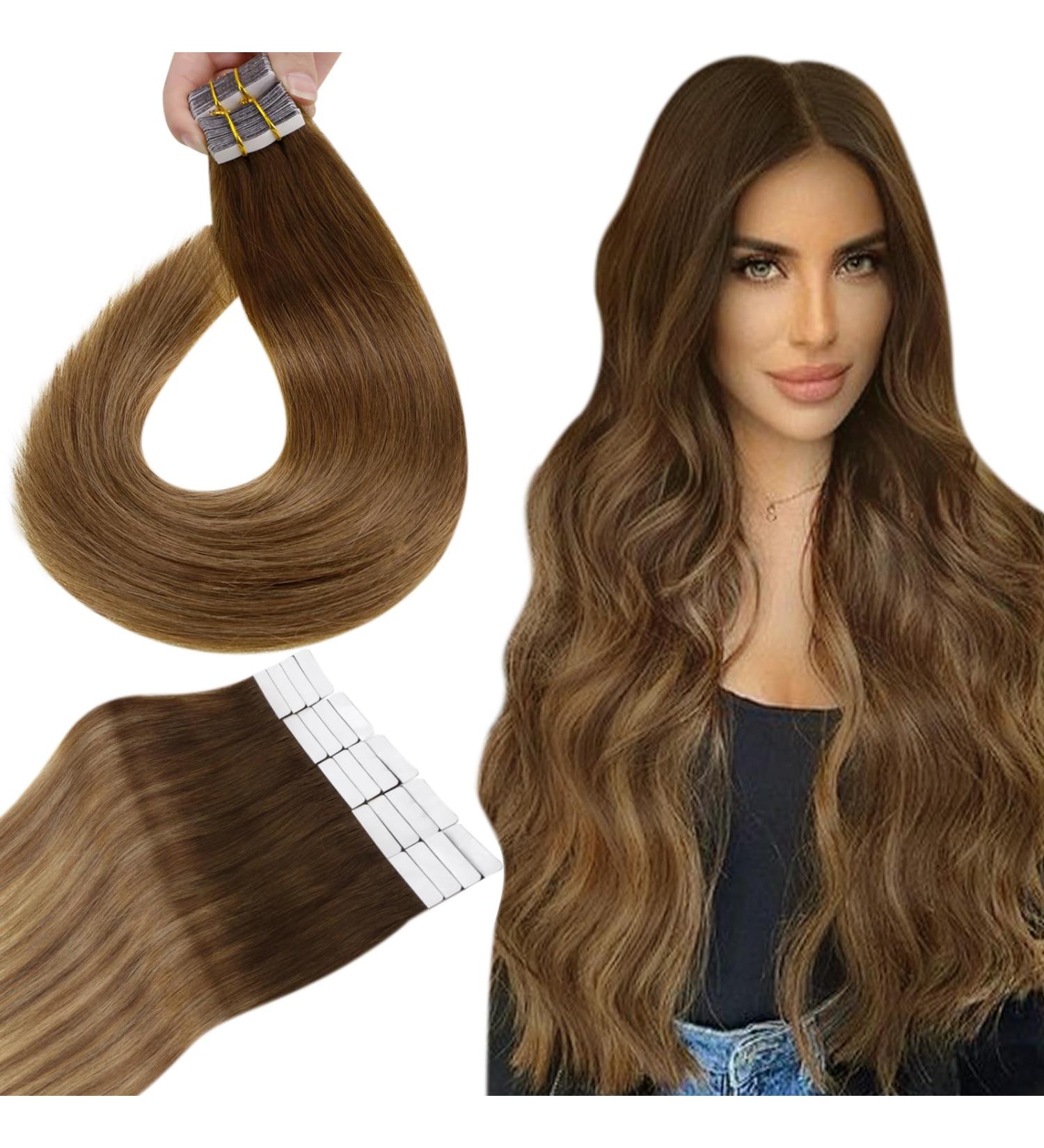 Hetto Real Hair Tape Extensions | Invisible Remy Hair Tapes - Medium Brown to Light Brown & Dark Blonde Balayage #6/8/14 | 55cm 50g - Buy Online on GoSupps.com