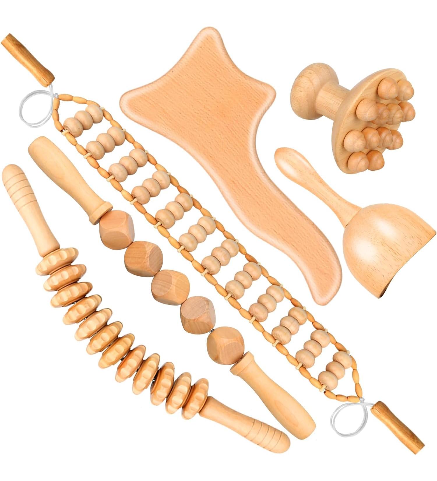 Binlingdaily 6PC Holz Therapy Massage Device Set for Cellulite & Lymphatic Drainage - Curved Wooden Massagers for Body Formation - Buy Online on GoSupps.com