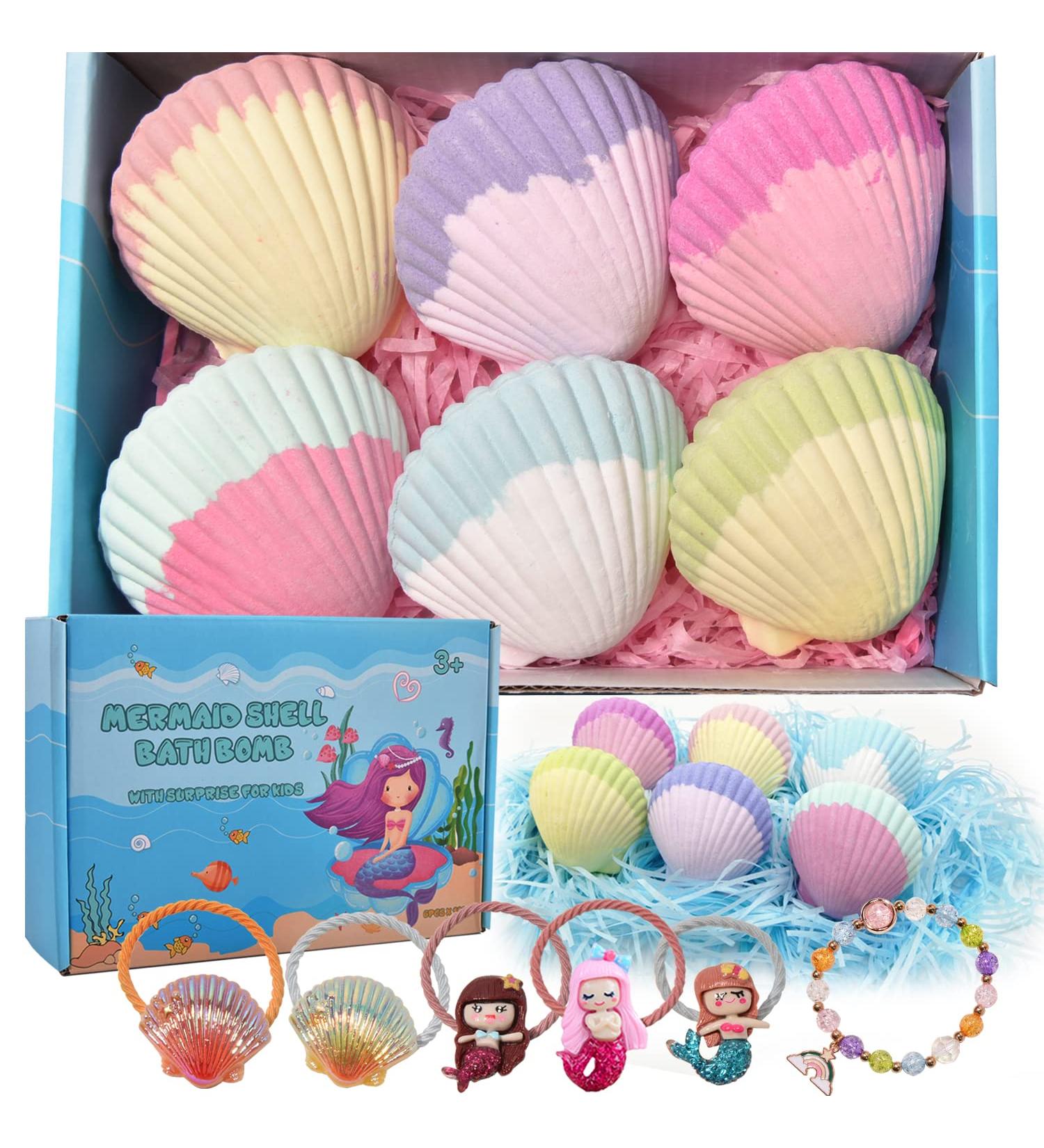 Mermaid Bath Bombs for Kids Girls - 6 Pcs Natural Fizzy Shell Bubble Bath Bomb Kit with Surprise Jewelry Toys - Perfect Christmas Easter Gift Set - Buy Online on GoSupps.com