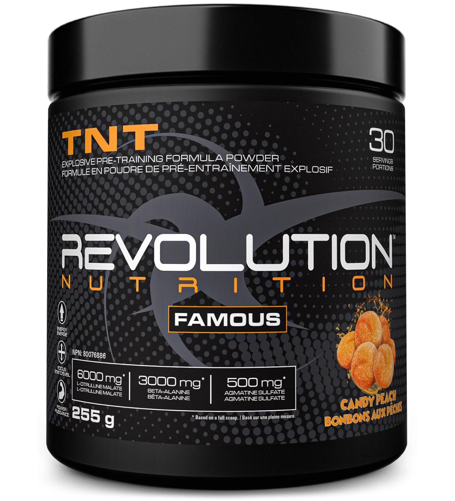 Revolution Nutrition TNT Pre-Workout Powder Pumps & Strength Extreme Intensity Hyper Concentrate Citrulline Malate 2:1 Beta Alanine Agmatine Sulfate Caffeine For Men & Women 255g 30 Servings (Candy Peach 0.56 Pound) - Buy Online on GoSupps.com