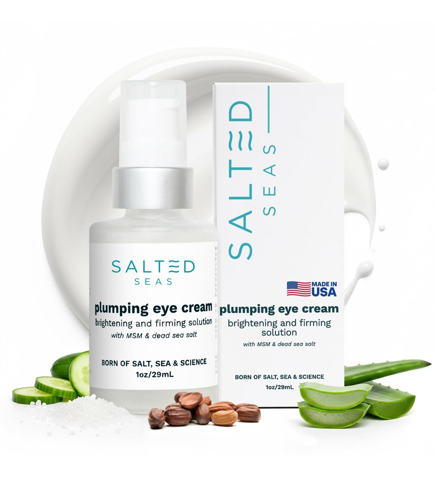 Salted Seas Plumping Eye Cream Made in USA - Hydrating, Firming, Brightening Under Eye Treatment for Dark Circles, Puffiness & Fine Lines Anti-Aging Skincare with Ocean Minerals & Hyaluronic Acid - Buy Online on GoSupps.com