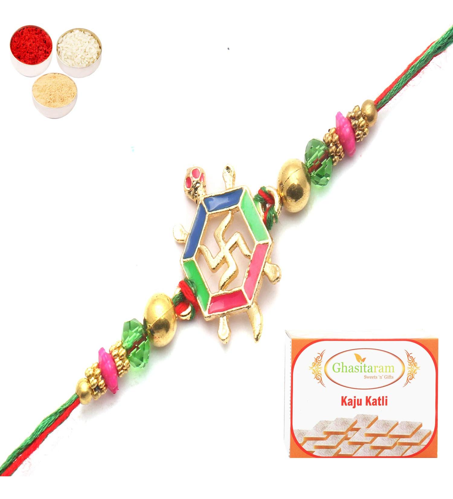 Ghasitaram Gifts Rakhi for Brother Rakhis Online - Blessings of The Divine Power for My Brother Rakhi with 200 GMS of Kaju katli