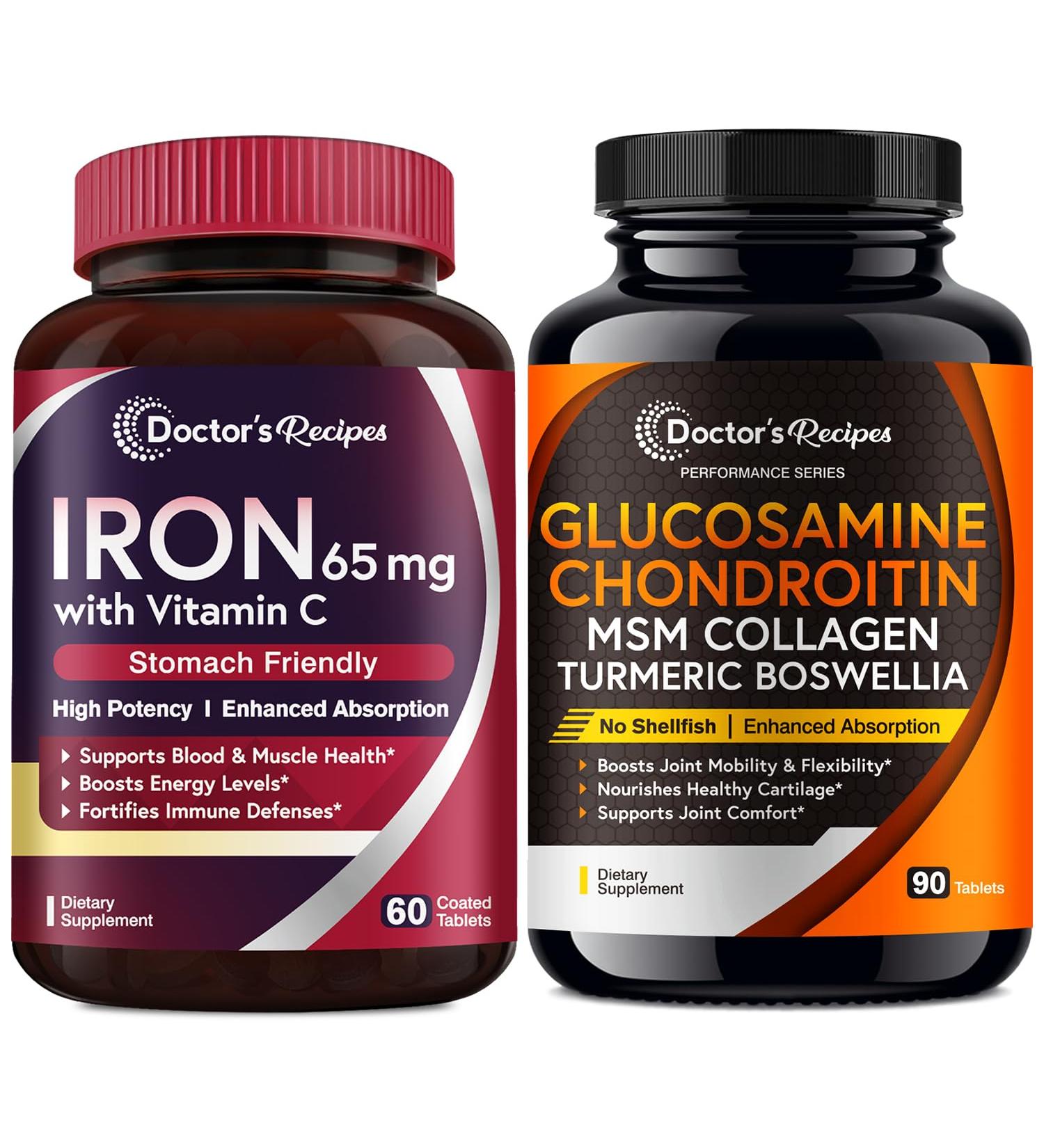 Doctor's Recipes Iron 65 mg & Glucosamine Chondroitin MSM Bundle Healthy Iron Levels & Comfortable Joints Iron Tablets 60 ct & Joint Support Tablets 90 ct - Buy Online on GoSupps.com