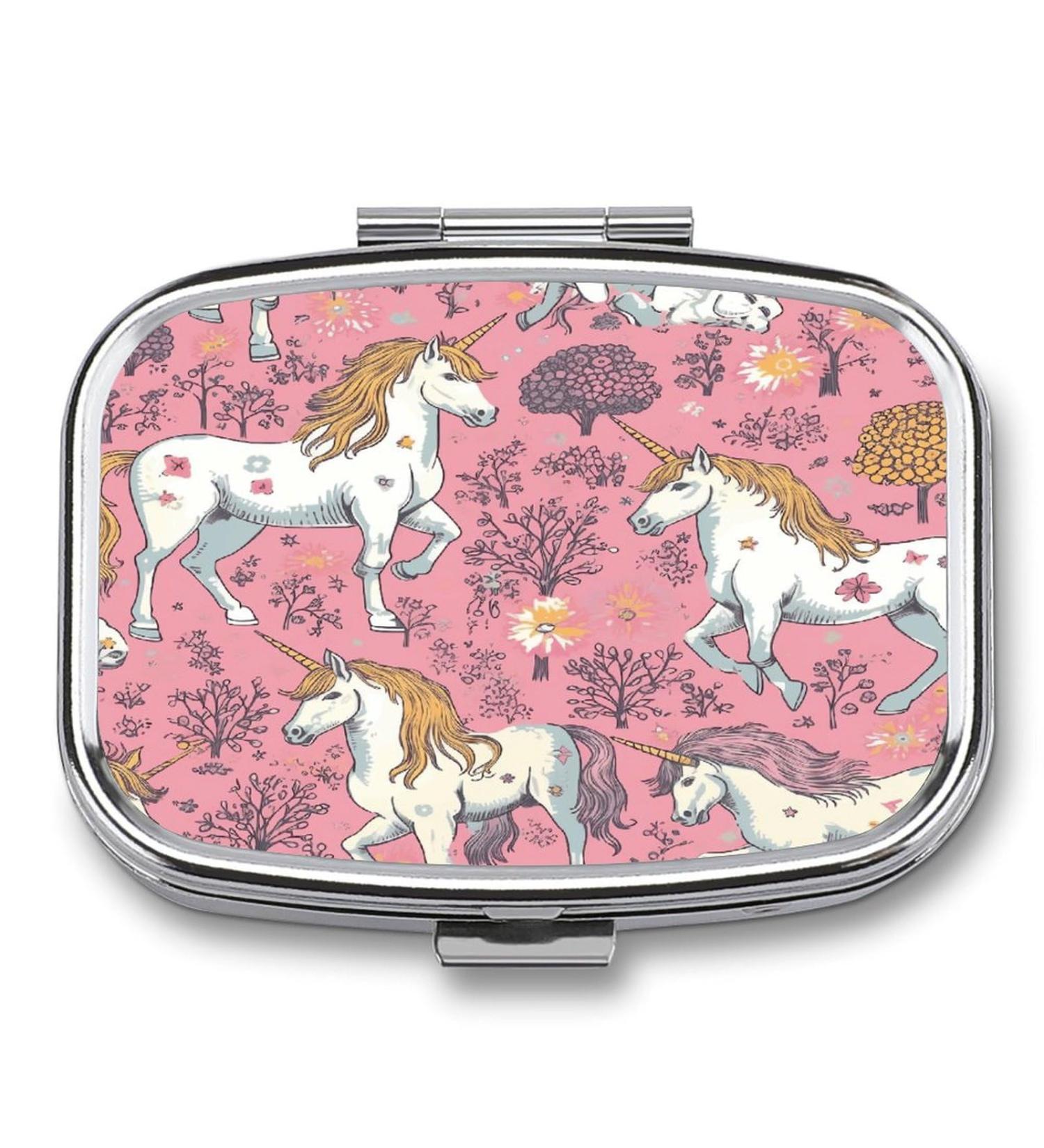Unicorn Print Pill Box - 2 Compartment Decorative Metal Pill Organizer for Pocket & Purse | International Shipping - Buy Online on GoSupps.com