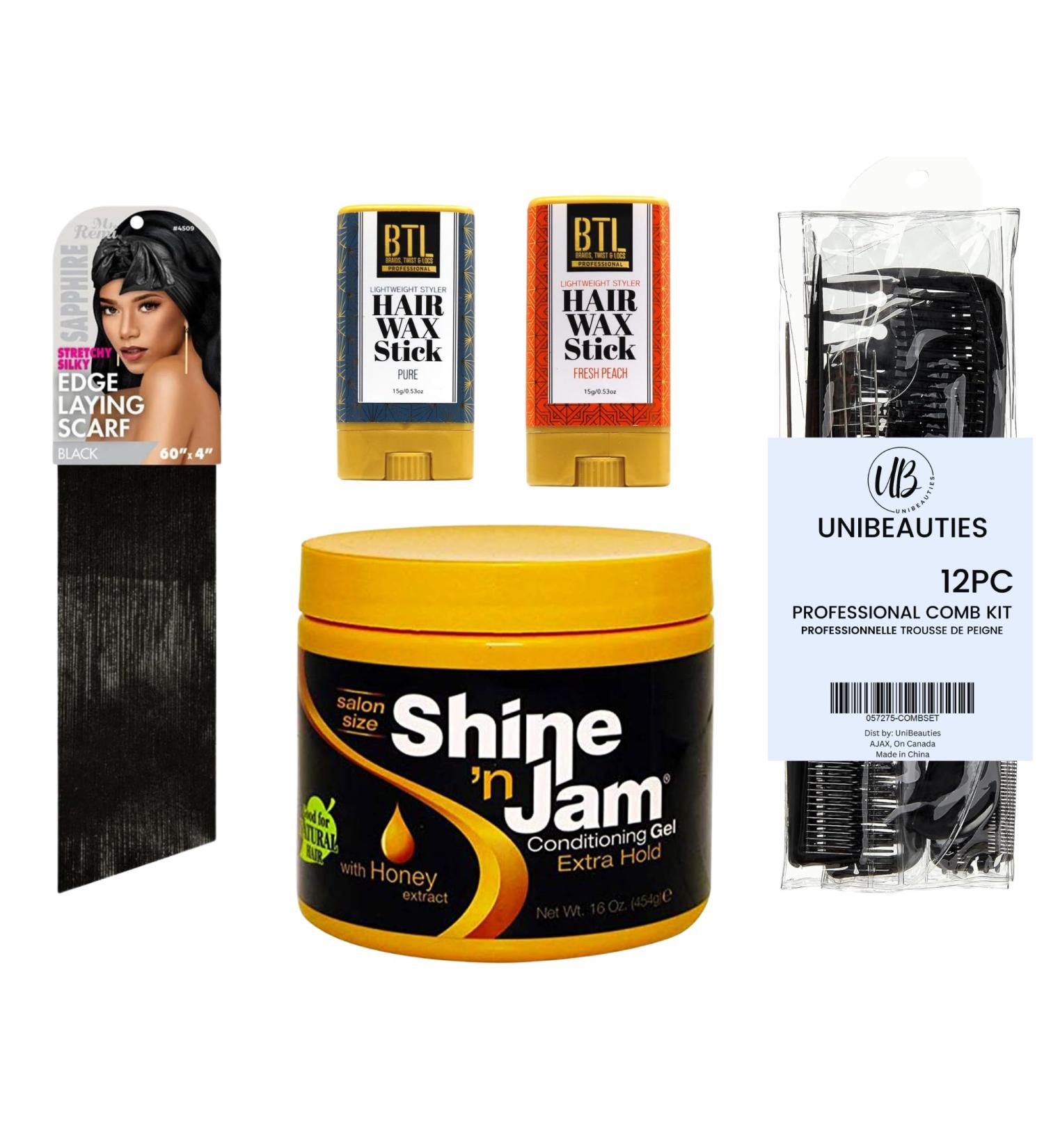Hair Wax Stick and Edge Control Bundle with AMPRO Shine 'n Jam Extra Hold Conditioning Hair Gel 16oz 2 BTL Hair Wax Sticks 15g Ms. Remi Sapphire Edge Laying Scarf 60"x4" Black UniBeauties 12 PC Comb set -with Edge Brush 3 Alligator Hair Clips - Buy Online on GoSupps.com